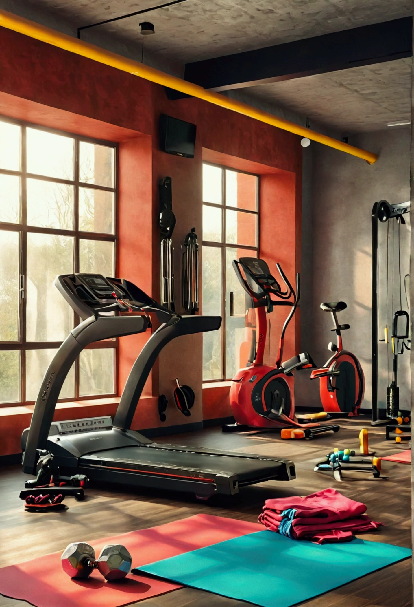 Le Beau mec à la salle de gym avec une paire d'althére en main sur un lit d'exercice