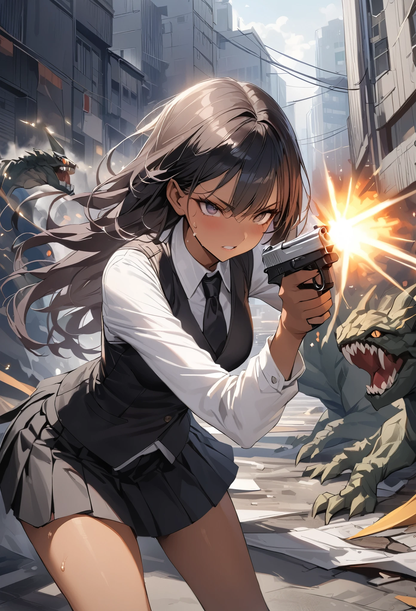 (Woman and monster fight scene),((masterpiece,Highest quality:1.3,best quality illustration)),realistic,cowboy shot,1woman,(22 year old beauty),((very small head:1.4)),ideal ratio body proportions,(dark blue hair),straight long hair,bangs,black eyes,gorgeous big eyes,((tan skin,skinny)),(Black vest、Black tie、White collared shirt、Long sleeve、Black pleated mini skirt)),medium breasts,gleaming skin,slender body,sweat,(Detailed handgun,Firing stance),on street,(Multiple Monsters)、Collapsed Buildings、Tokyo、