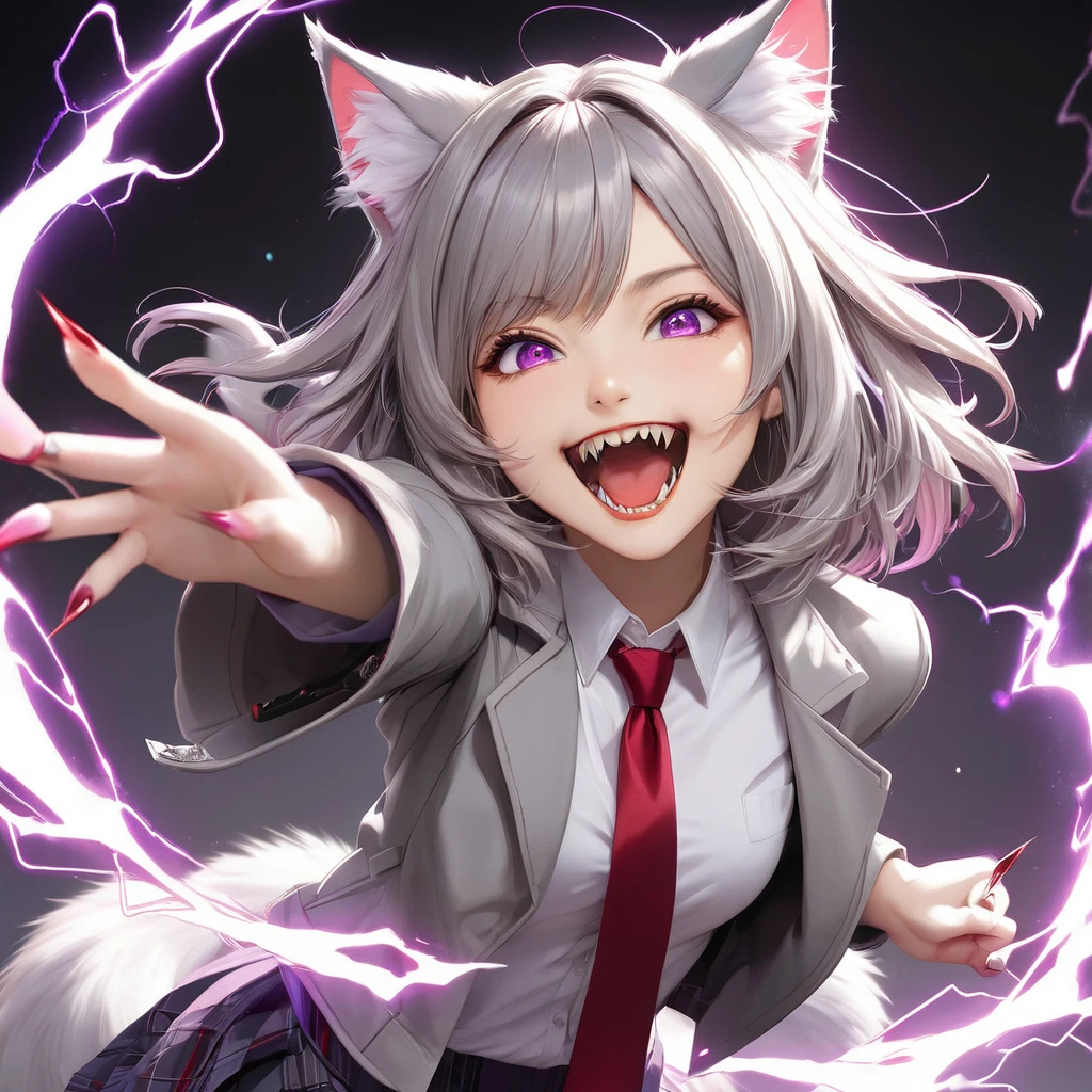 (masterpiece, best quality:1.2), 1girl, solo cat girl, gray shoulder-length hair, cat ears with dark tips, red and violet eyes, gray jacket and red tie, skirt, fluffy tail, claws, magic, electricity, cute face, crazy smile, fangs, masterpiece, 4k, high-quality art.