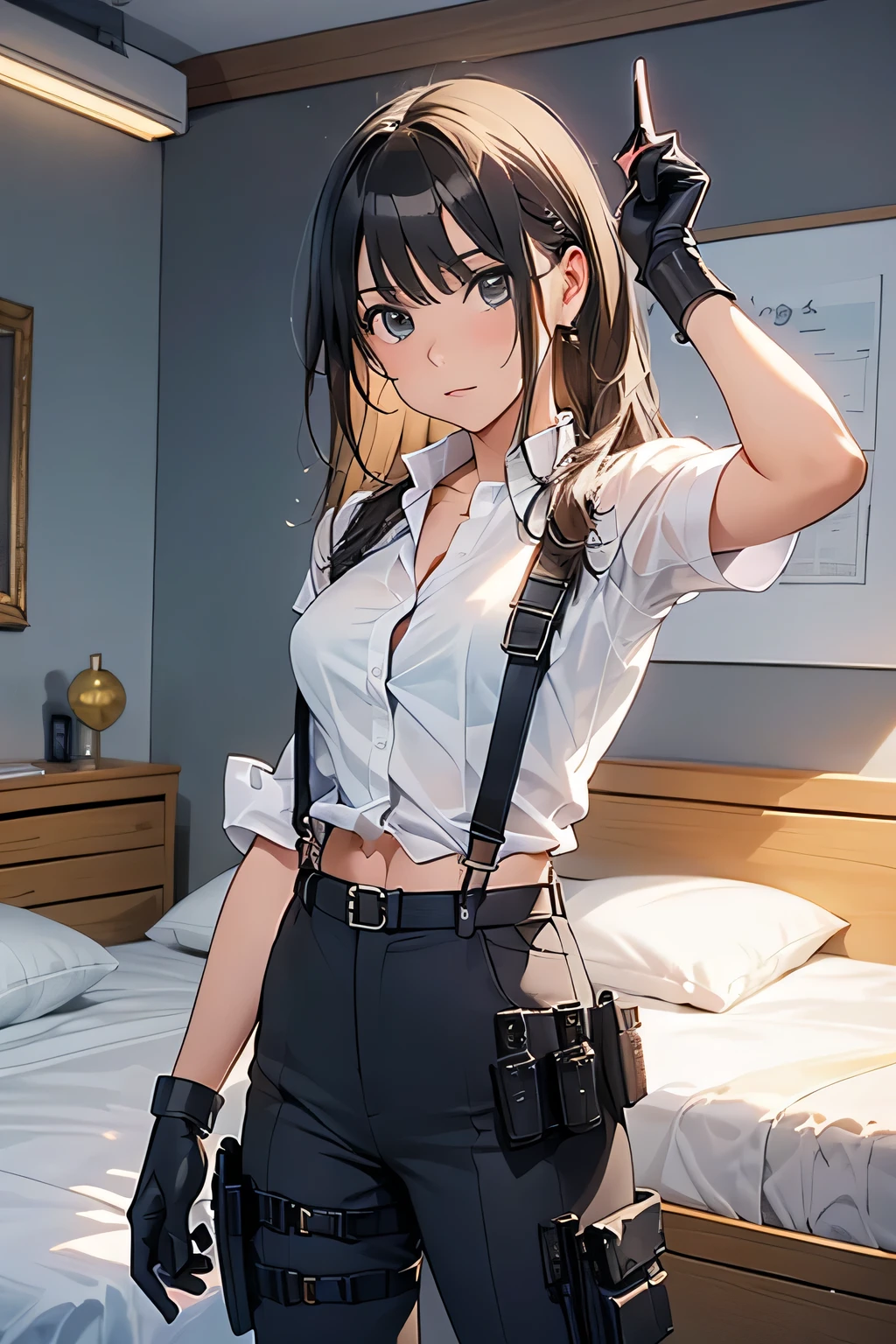 1 female, , high quality, masterpiece, Ultra-high resolution, , Cinema Lighting, , , And the suspenders with the cranes flying Large Breasts Small face holster Lying in bed Looking up Sweat belt summer 脇Sweat Black Hole Gloves suit shirt Black jacket Black trousers Leg Links ズボンにbelt holster Hands behind your back Anxious expression Looking up Anxious face, legs apart Armament Handgun handcuffs Cable ties レッグholster holster See-through clothing