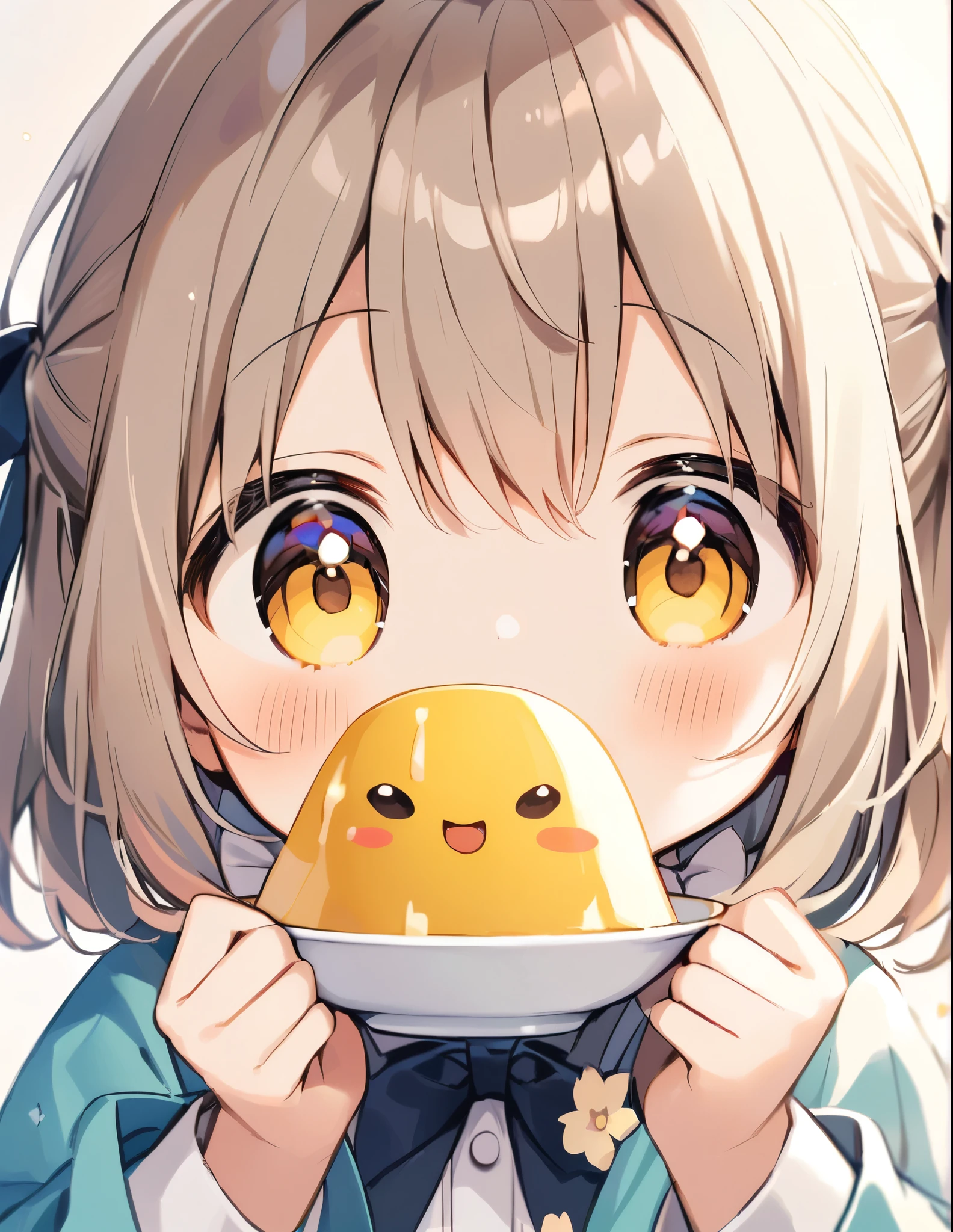 My eyes light up when I see the pudding.、girl、cute