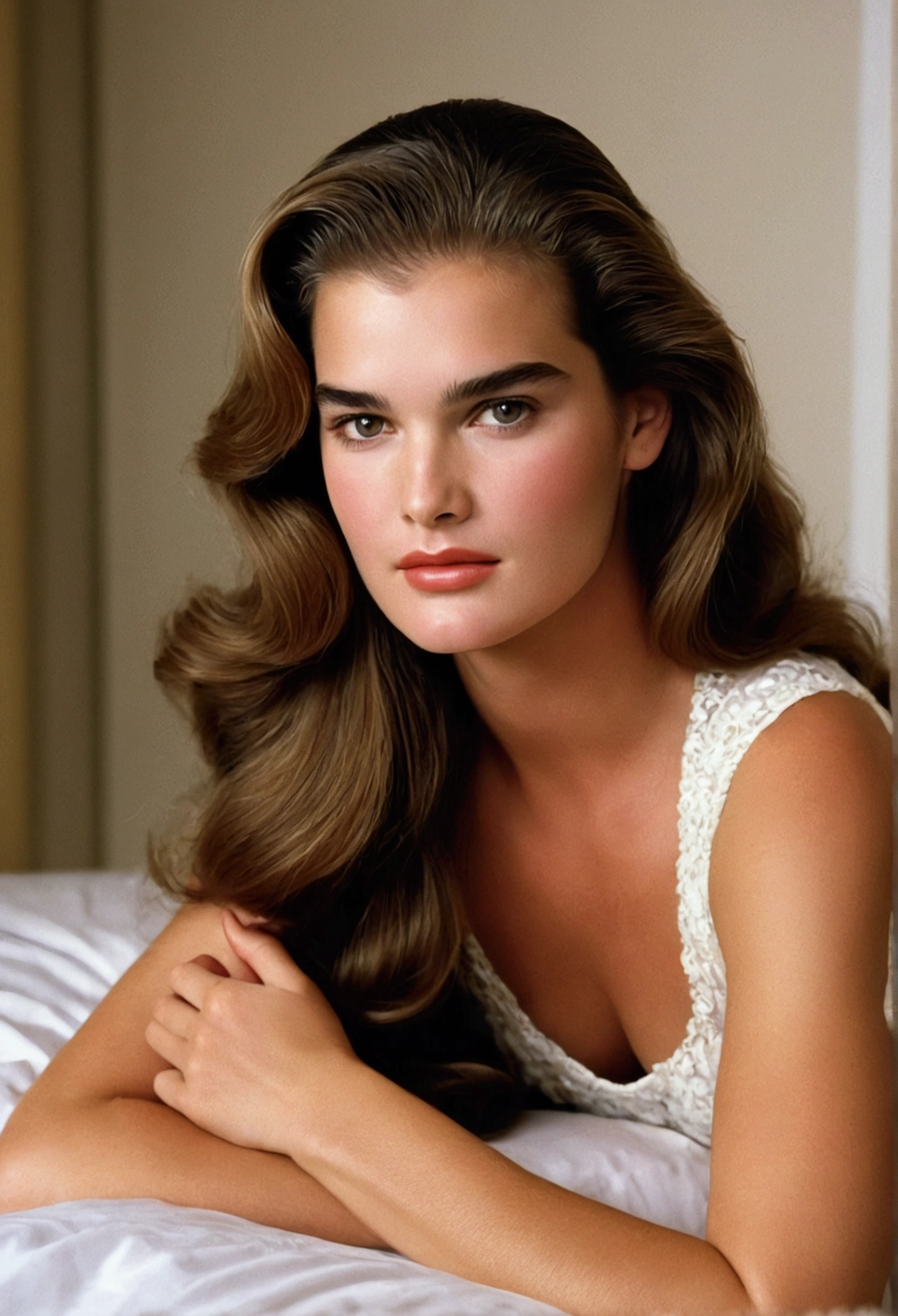  young Brooke Shields ((beautiful face)) ((sitting on bed))