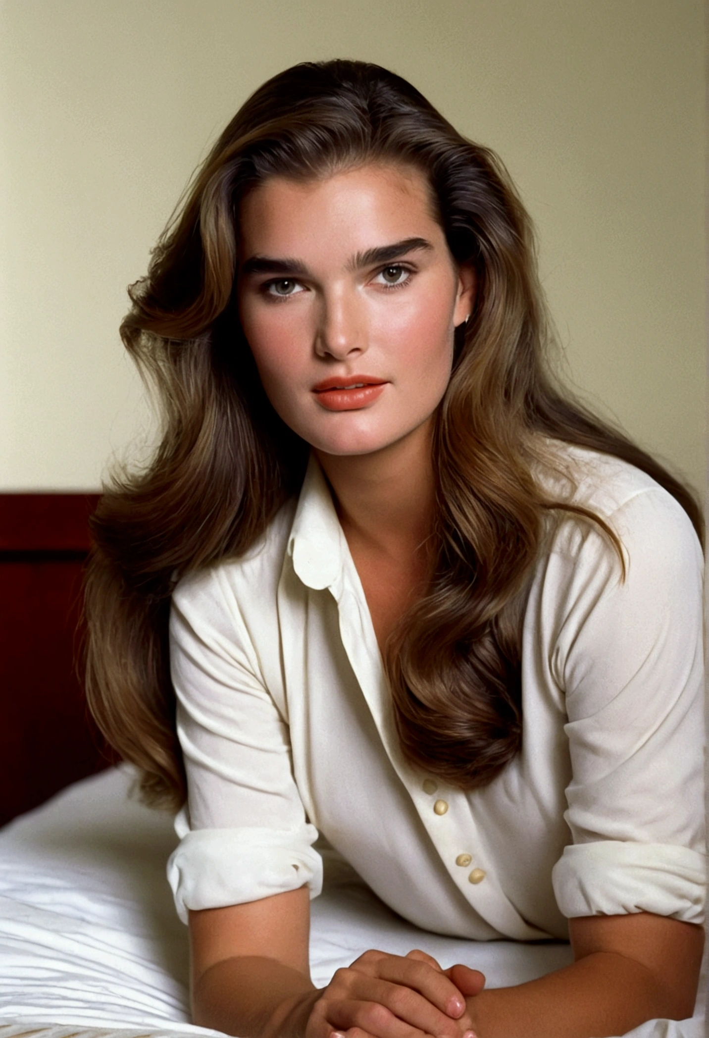 16 year old young Brooke Shields ((beautiful face)) ((sitting on bed))