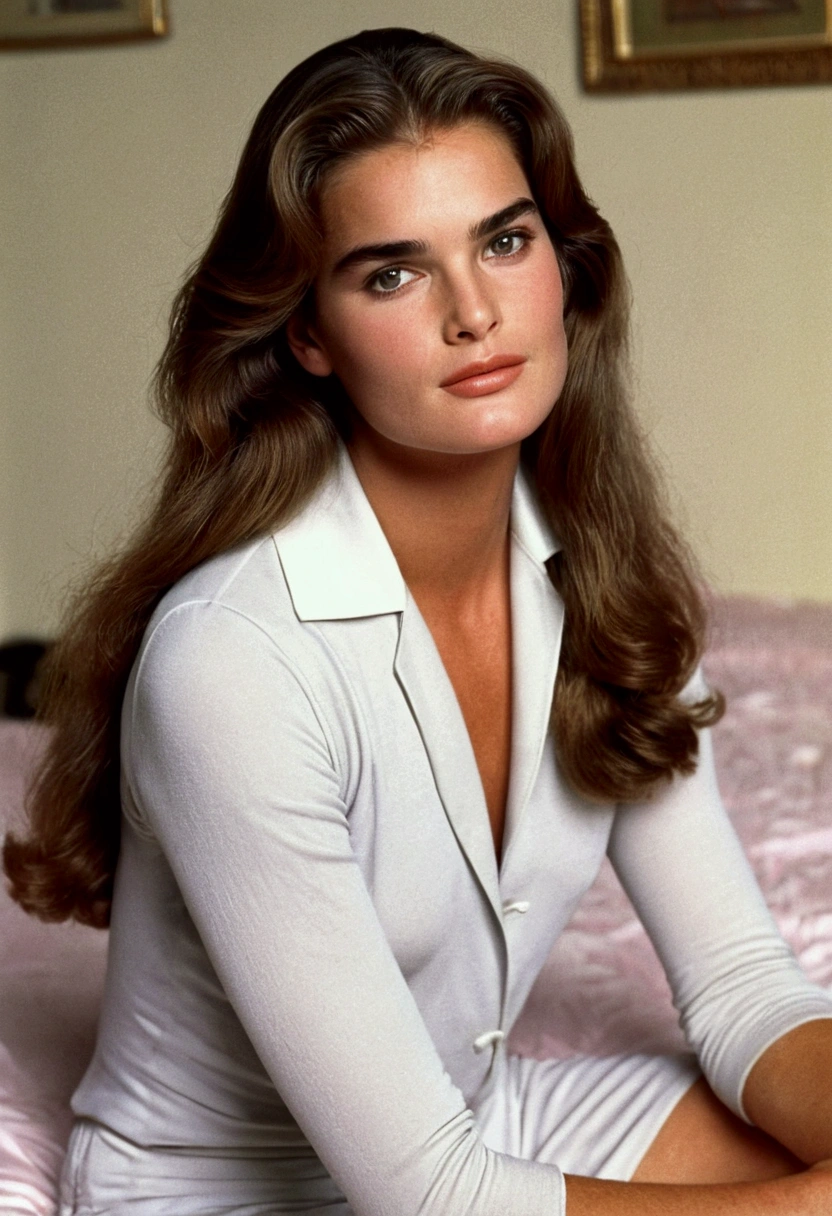  young Brooke Shields ((beautiful face)) ((sitting on bed))