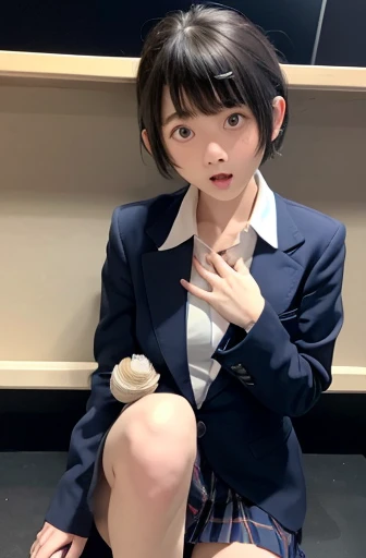 (Unity 8K Wall Pace),(Highest quality),(High resolution),(Very detailed),(Perfect Anatomy),(Beautiful attention to detail),(Very detailedベニス),(masterpiece, Highest quality), Browsing Caution,(1man,1girl),　BREAK Japan,Girl,5 years old,(Not cute),((scared:1.8)),Black Hair,(pixie cut),short hear,,Japanese ,Navy Blue Blazer,Pleated skirt,White socks,Sit in front of the audience,Staring at the audience,(hand job:1.5),Grab your penis,　BREAK Small penis,(Viewer&#39;s penis),Realistic penis,(facial),