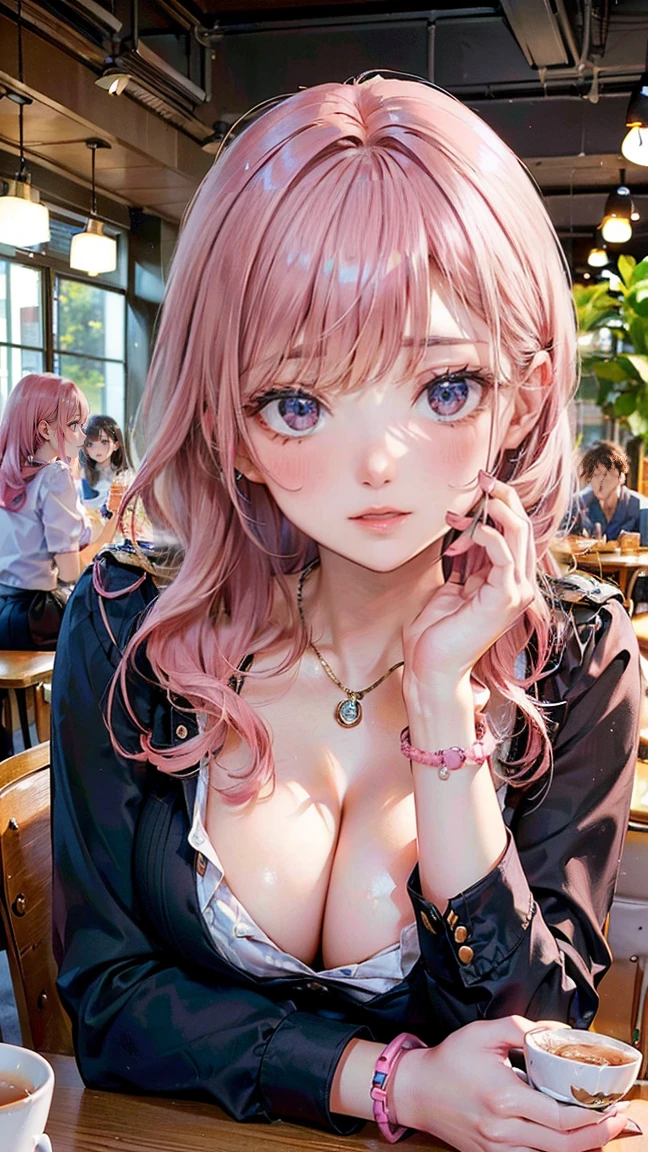 ((Highest quality, 8k, masterpiece :1.3)), (Sharp focus :1.2, Beautiful woman with perfect figure :1.4, Slim Abs), ((Big Breasts, Emphasize cleavage:1.2)), (Photorealistic:1.4), (realistic:1.4), (Pink Hair:1.5), Highly detailed face and skin texture, Fine grain, double eyelid. Makeup face, A little bit of lipstick, sex appeal, Sexy gravure pose, ((A high school girl in uniform、Having tea with friends at a cafe after school。She holds a cup、Smiling。A simple bracelet is an accessory。:1.3))