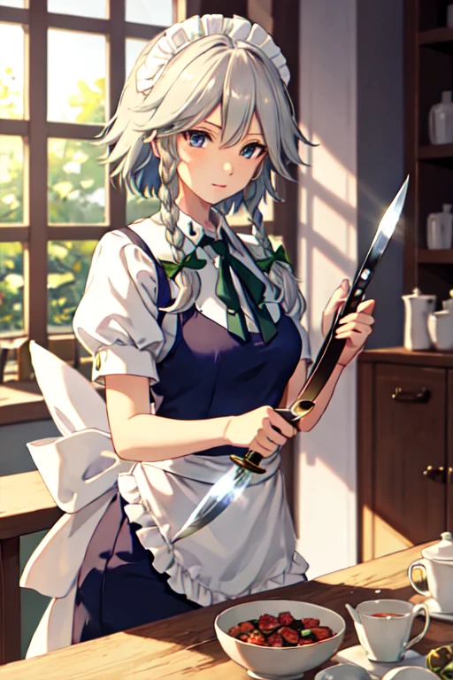 ((Highest quality)), ((masterpiece)), (detailed), Sakuya Izayoi、Holding a knife and looking towards me
