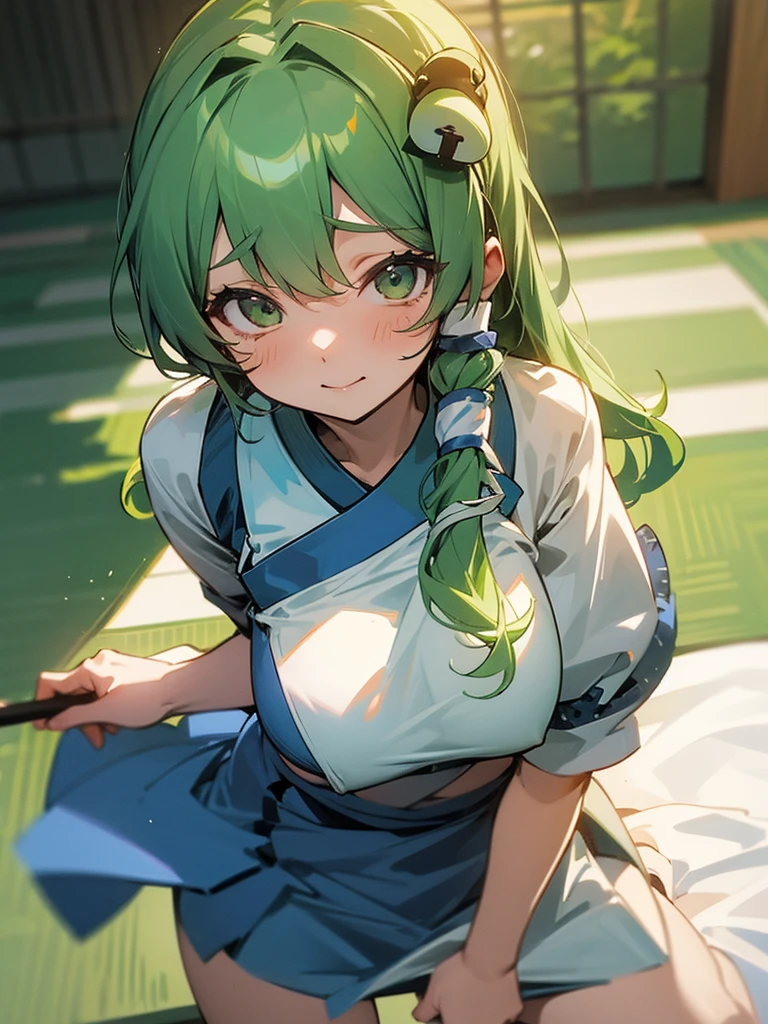 Sanae Kochiya、Green Hair、D Cup、Brush、Embarrassing、tits、Pussy、I&#39;m wet、she turned red、Embarrassing、She rubs her pussy with her fingers、Semen from pussy、Drowning、Rubbing her pussy with her fingers