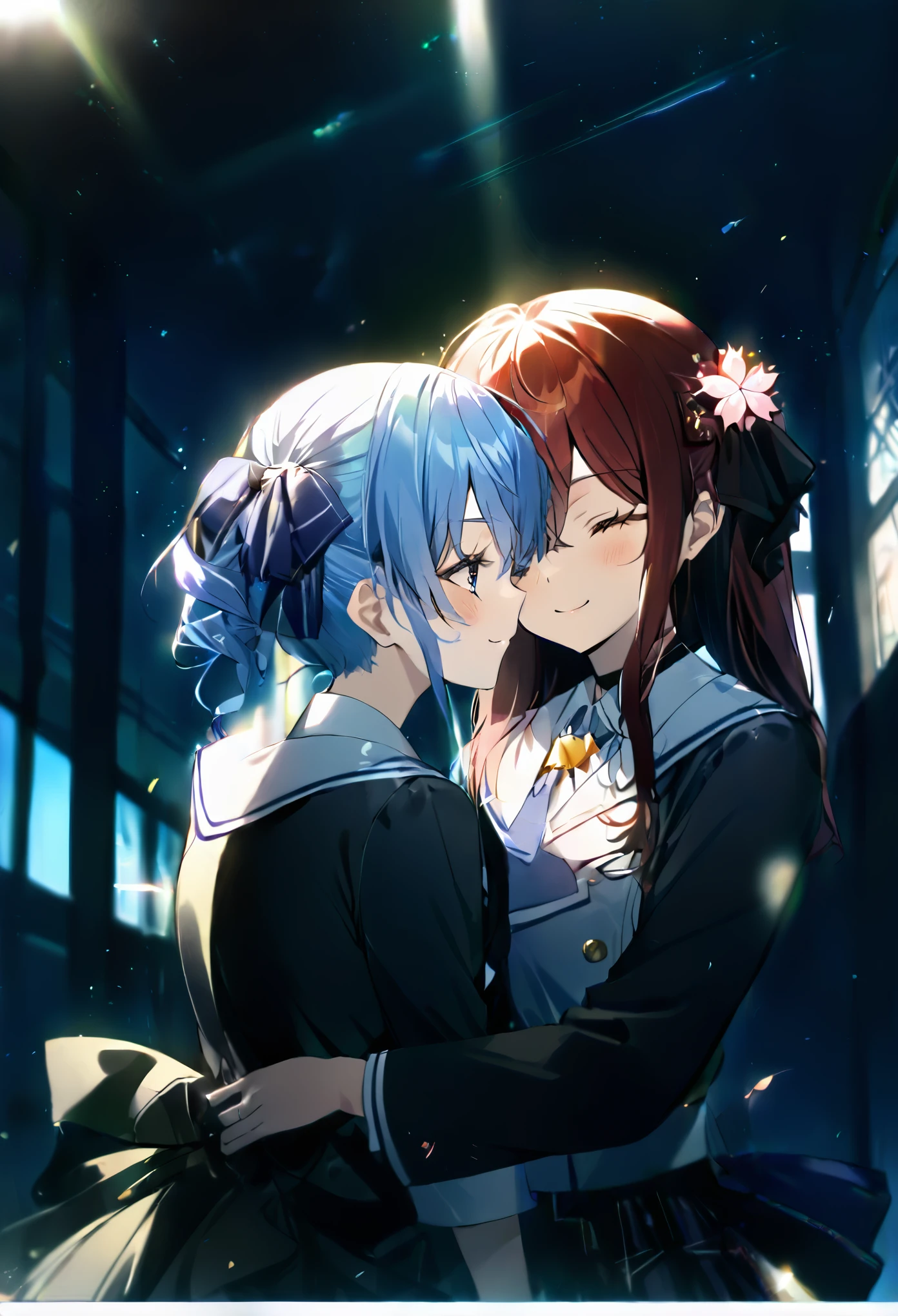 (((2girls))), together, two people, masterpiece, best quality, integrated scenery, integrated background, extremely delicate and beautiful, meticulous details, good composition, closed_eyes, cute face, perfect face, perfect hands, fingernails, sakura miko, SakuraMiko, HoshimachiSuisei, hoshimachi suisei, blurry background, sunlight, light blush, ((school)), upper body, looking each other, smile, , (hugging each other),in_school,sunlight,kissing,happiness,light up