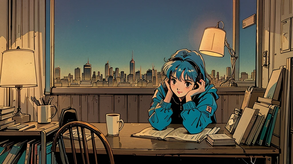 80s anime style: Wide shot of cute 21-year-old girl with long blue hair in dimly lit bedroom at night. Sitting at desk with books, wearing headphones and loose parka. Coffee, relax. Kind face looking at viewer. Full body visible in relaxed pose. Room lit by desk lamp. Large window shows vibrant Tokyo night cityscape with neon lights. High-quality illustration emphasizing contrast between dark room and bright city lights.