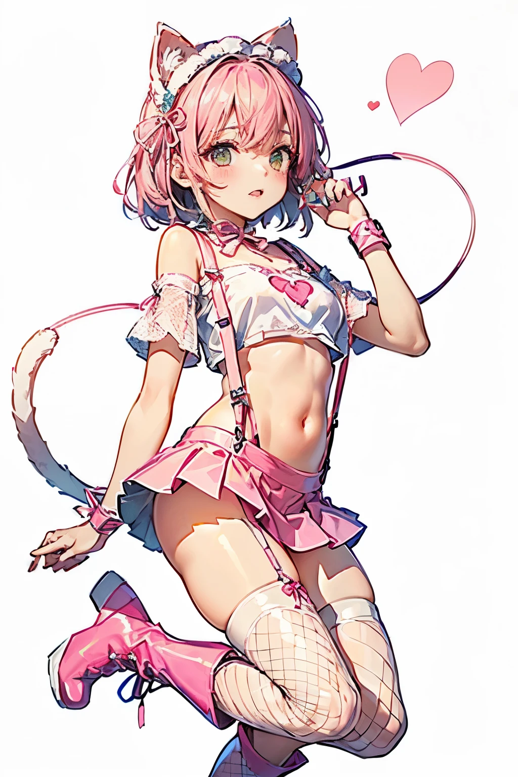 One girl, Blushing, Full body shot,
BREAK (pink and white theme:1.4), (headdress with pink fake cat ears:1.4), (wear a pink suspenders over an off-shoulder short-sleeve white crop top:1.4), (pink heart(symbol) print on crop top:1.3), ((stomach, navel):1.2), (low-rise pink latex (A-line:1.2) tiered skirt with suspenders:1.3), (pink tiered mini skirt with pink suspenders:1.3), (pink wristband:1.3), (has a beautiful mesh fishnet tights:1.3), (countless small pink ribbon decorations:1.3), (white latex platform boots:1.2),
White background,