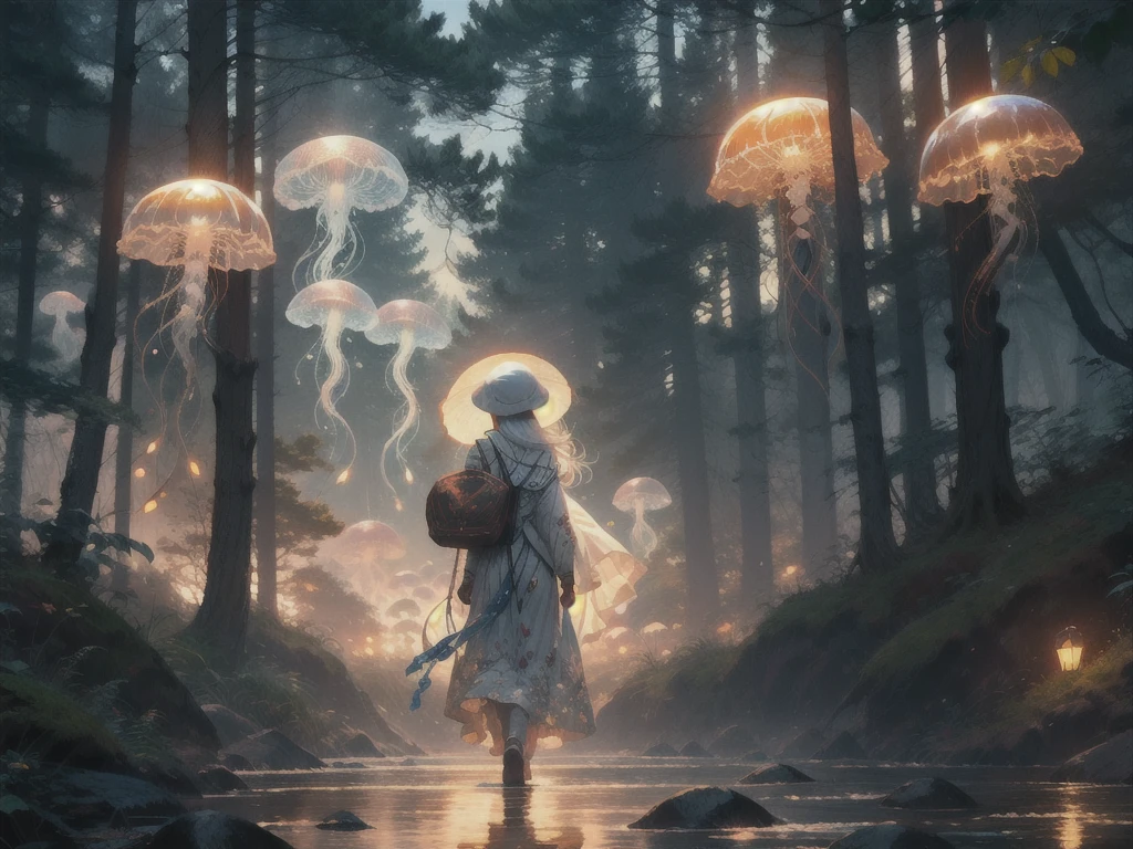 red jellyfish,jellyfishforest, 1girl, long hair, dress, solo, white hair,red hat,mushroom, nature, outdoors, tree, walking, forest, water