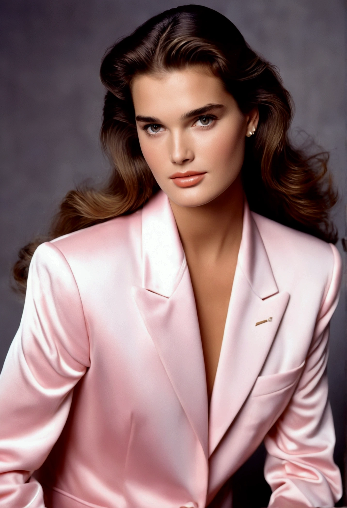 Young 16 year old Brooke shields ((looking very beautiful)) ((((very beautiful face)))) (((wearing light pink night suit))
