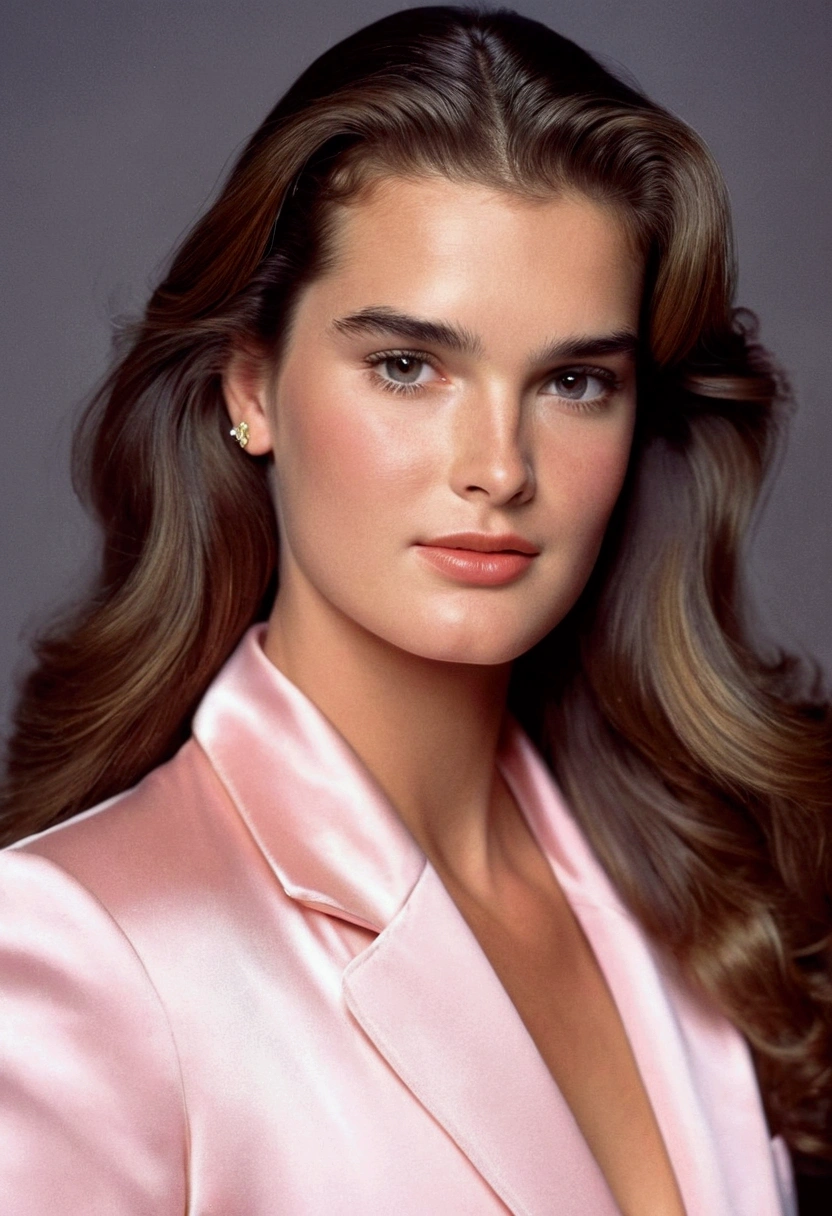 Young 16 year old Brooke shields ((looking very beautiful)) ((((very beautiful face)))) (((wearing light pink night suit))