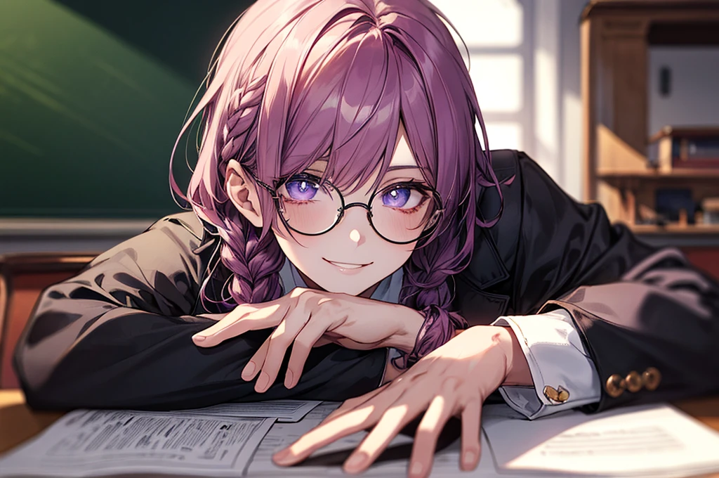 men's,single braid hair,violet colored hair,(Eye 1:2,Clear eyes,Elaborate Eyes,Delicate pupils,Good eyes,eye detailed),Face Focus,Adult,In black suit,best qualtiy,facial detailing,Classroom,sit on desk,sitting in the couch,lazy,Detailed background,diffuse sunlight,depth of fields,Studying Smiling at your desk, violet eyes,black gloves, round glasses, long sleeves,violet hair, smile,