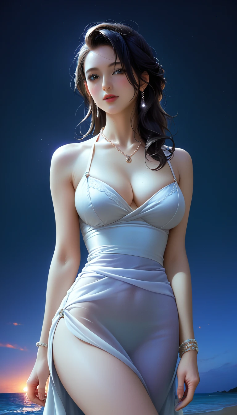 score_9, score_8_superior, score_7_superior, Masterpieces with up to 16K resolution,Highest quality,it is really amazing,Very detailed,Ultra-high resolution,(Ultra-realistic:1.1),(Realistic:1.1),Increased depth of field,Cinematic lighting,
Elegant Japanese MILF,
Long black hair,Ultra-detailed and beautiful faces,Translucent white skin,Very detailedな肌,
(Elegant resort dresses:1.1),
Bold design,Artistic design,Beautiful and detailed pattern,Detailed fabric texture,
Gorgeous necklace,Earrings,
(Bali Beach:1.1),(Dark beach at night:1.1),(Deserted beach:1.1),(A pitch black night sky with dark clouds:1.1),
(Cinematic Angle:1.2),