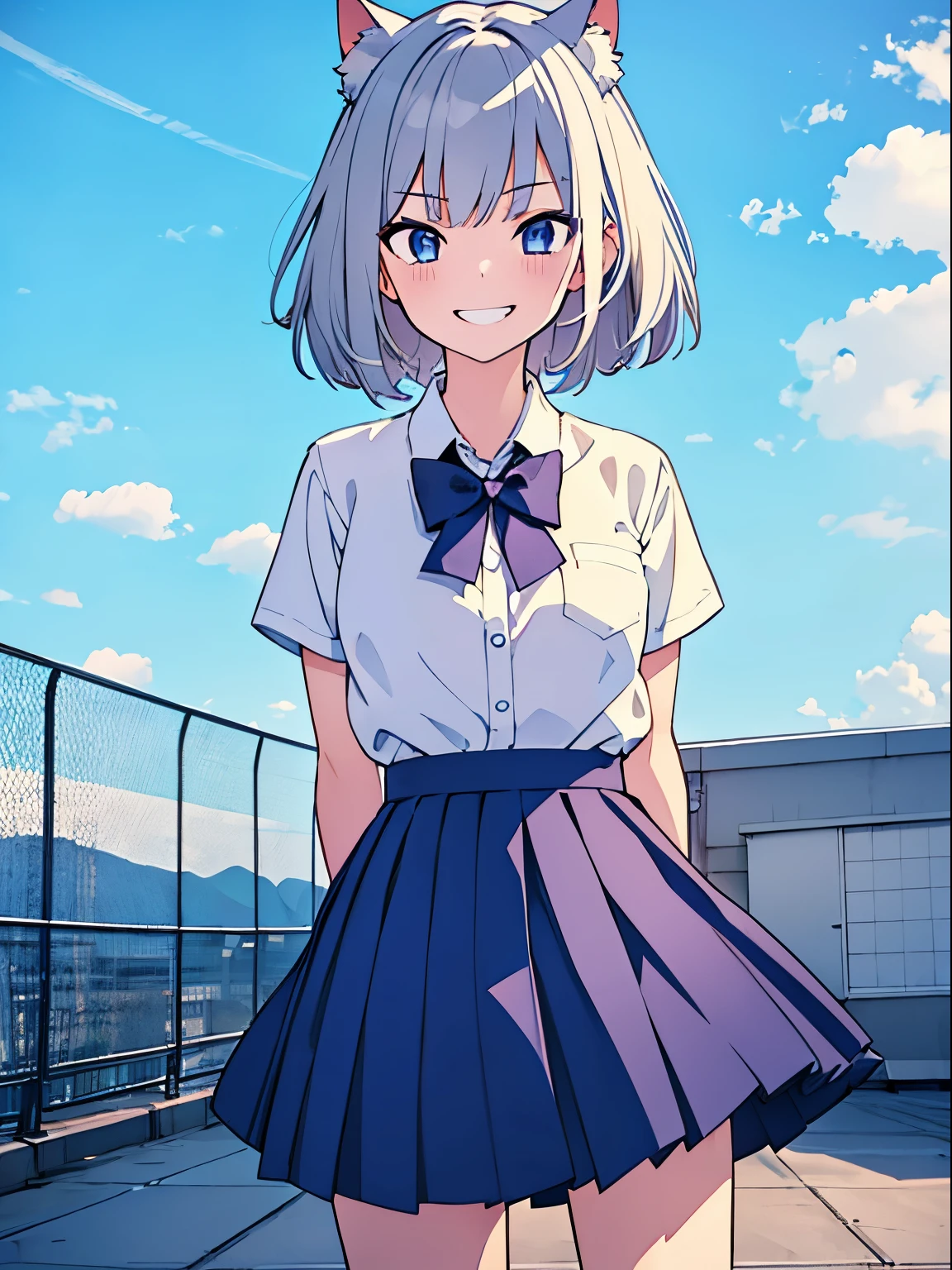 School rooftop, Chain link fence, ((One girl)), (evil grin:1.3), (Put your hands behind your back:1.3), Medium chest, (Cat ear), Gray Hair, Bobcut, White short sleeve shirt, (JK skirt), Navy blue pleated skirt, A bow tie, (Upper Body Shot), ((Highest quality)), ((masterpiece)), (detailed), Perfect Face, Perfect Arms, Perfect hands, Perfect Fingers, anime, Ultra-fine illustration,