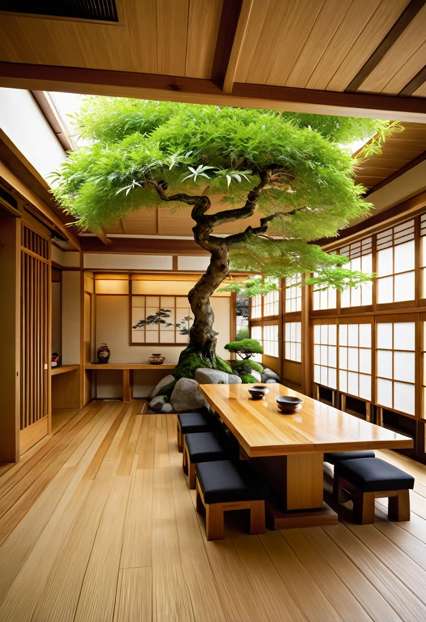 interior designs, (reception zone:1.3), large restaurant, Japan, ramen, traditional, koi fish on floor, cedar wood, use larger winddown, (Sakura tree: 1.1) (decor by chochin, screen (shoji),hang sliding door panels (fusuma) on the ceiling, Place potted plants and bonsai in the restaurant to create a feeling of closeness to nature, celling layer Kirizuma, (noren:1.1)