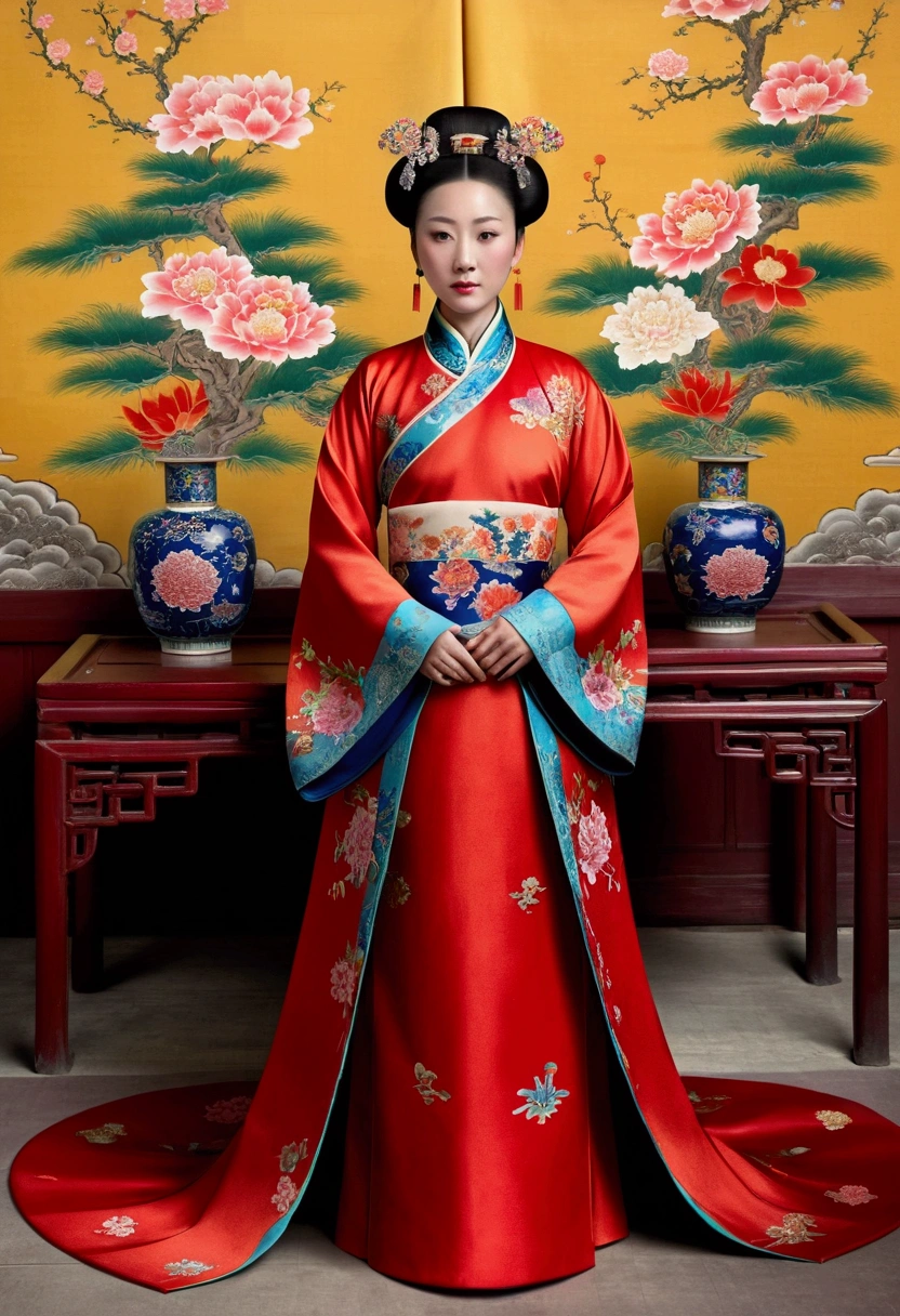 A side view of a Chinese empress, seen from close up on her buttocks. The background is a room in a Chinese palace during the Qing dynasty. She is sleeping in red Hanfu, with only her large buttocks sticking out. She is either wearing underwear or not, and her protruding buttocks are floating up. Her hair is decorated with a large, flashy flower. The back of the hair is tied up and up. Erotic Woman