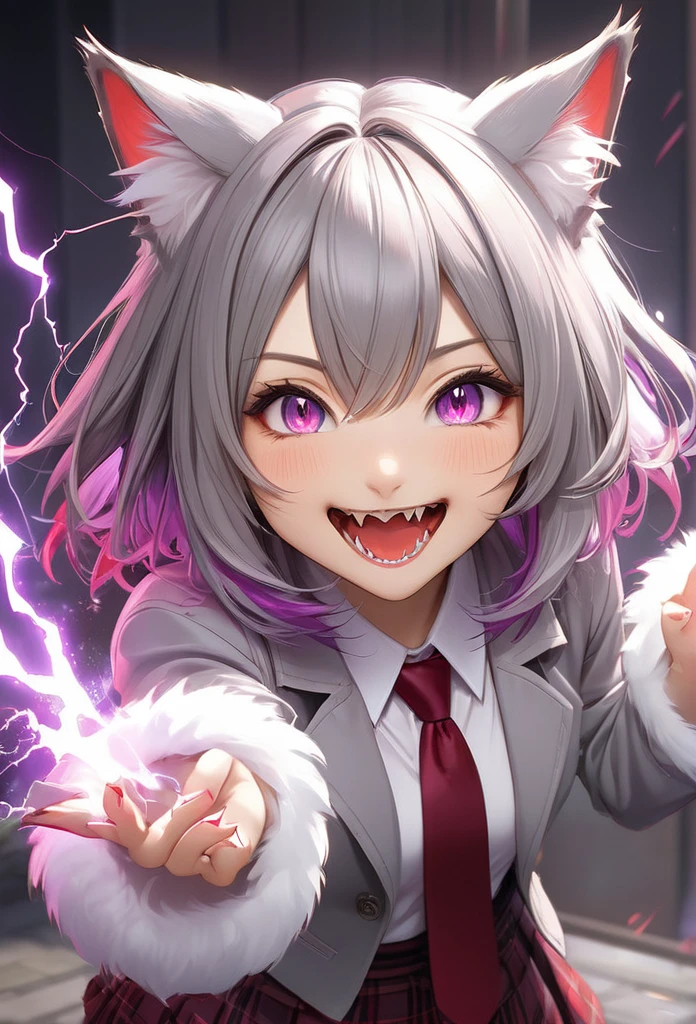 cat girl, gray shoulder-length hair, cat ears with dark tips, red and violet eyes, gray jacket and red tie, skirt, fluffy tail, claws, magic, electricity, cute face, crazy smile, fangs, masterpiece, 4k, high-quality art.