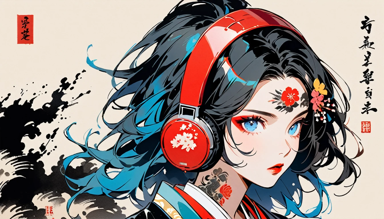 (((Ink Painting))), Fashion portrait color photos, (((1 girl))), (((Tattoo in the center of the forehead))), (((Very flashy hair accessories))), (((Very flashy makeup))), Japanese style headphones, face close-up, Japan人の美少女, Black Hair, Delicate and precise, Modern ukiyo-e style,Japan, Japanese flag, Eye color: red and blue