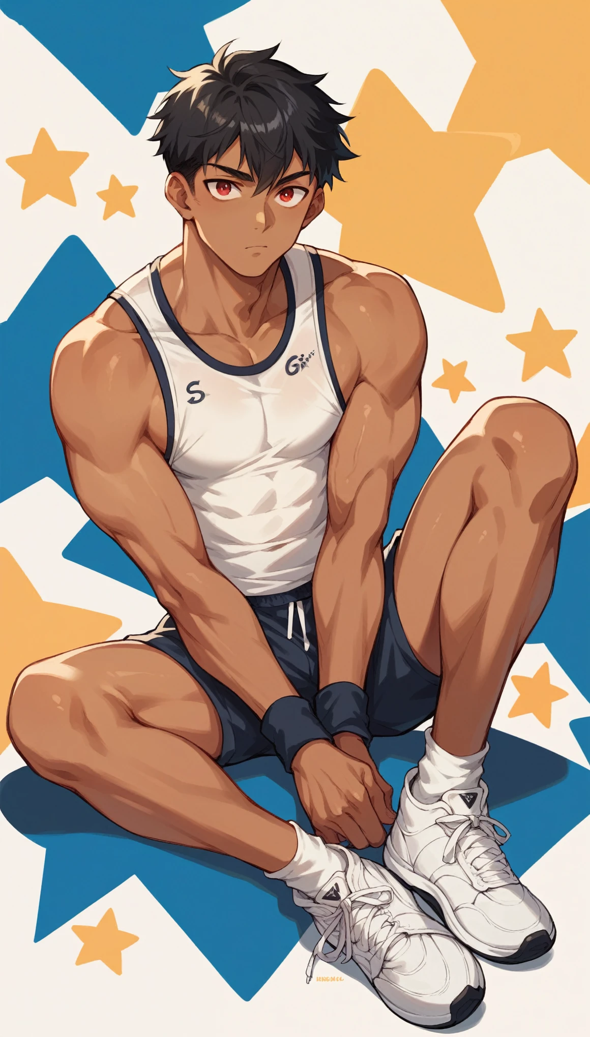 Handsome boy,Black Hair,Tanned skin,Sportswear,Slim body,sit,He has a pair of warm red eyes,Stars background,White socks,White sneakers,Vision