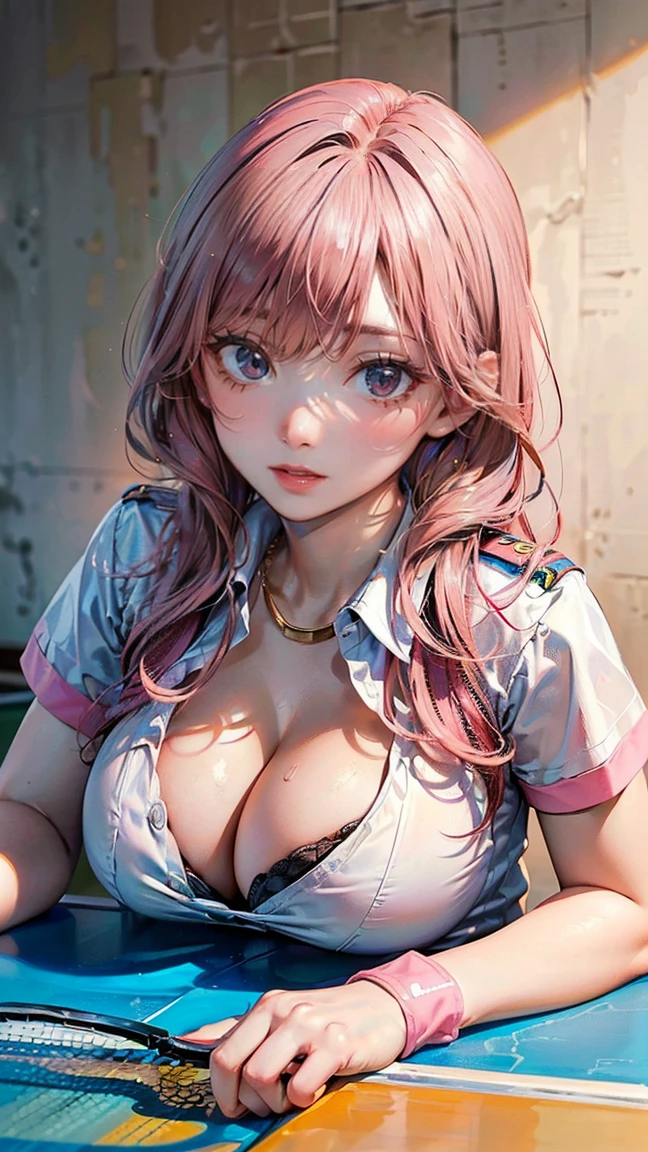 ((Highest quality, 8k, masterpiece :1.3)), (Sharp focus :1.2, Beautiful woman with perfect figure :1.4, Slim Abs), ((Big Breasts, Emphasize cleavage:1.2)), (Photorealistic:1.4), (realistic:1.4), (Pink Hair:1.5), Highly detailed face and skin texture, Fine grain, double eyelid. Makeup face, A little bit of lipstick, sex appeal, Sexy gravure pose, ((A high school girl in uniform、Playing table tennis in the club room。She holds a racket、He is hitting the ball with a concentrated expression.。The white wristband is an accessory.。:1.3))