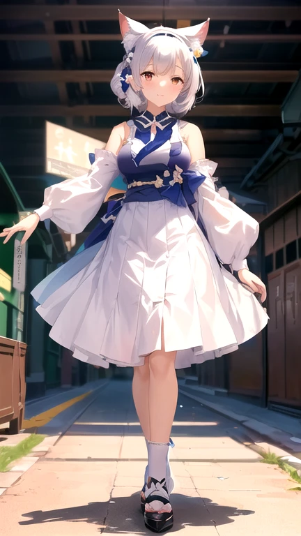 anime girl in a white dress with a cat ears and a blue bow, cute anime waifu in a nice dress, azur lane style, anime moe artstyle, cushart krenz key art feminine, in dress, trending on artstation pixiv, from the azur lane videogame, kantai collection style, guweiz on pixiv artstation