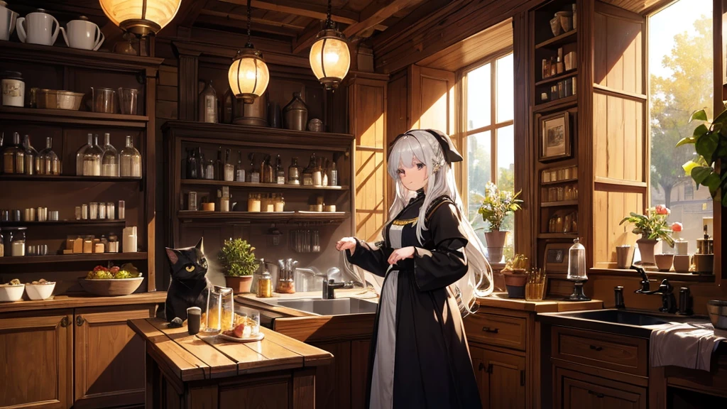 A girl working in a medieval European-style general store . She is standing at the counter of the store, and a black cat is sleeping on the counter. She has long silver hair and a smile like the sun. The store is lined with antique furniture and decorative plants, with light streaming in through the windows.
