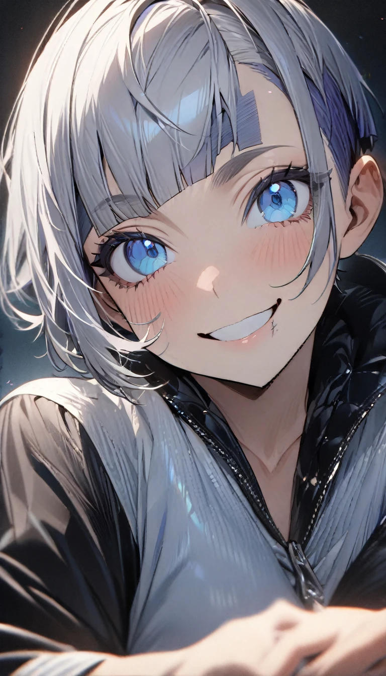 silver hair, 1 man, (((best quality)), ((masterpiece)), (details), masterpiece, best quality, high quality, super detailed, perfect face, ((1 girl, Blue eyes,   {silver undercut}, {{{{{{{{{{very short hair}}}}}}}}}},,)),Shiny Hair、Shiny skin、smile、Alluring expression、Muscular build、Smoking a cigarette、looking at the camera、