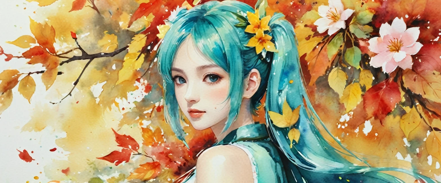 Hatsune Miku、((Masterpieces with up to 16K resolution):1.6), ((Intricate details):1.4), ((Very crazy details):1.4),((Highest quality):1.3),((Soft-colored 4K high-definition digital art):1.3). | (((watercolor:1.5))), ((watercolor painting):1.4), ((Paintings of Women by Agnes Cecil):1.3), ((Flowers):1.4), ((Bright design):1.3), ((Autumn Light):1.1), Gouache with Intricate detailss, pastel colour, Drops of ink, Fine brushwork has been improved, Careful brushwork creates a sense of atmosphere, Utilize delicate yet powerful brushwork techniques, Create an enchanting atmosphere. Very fine gouache, ((Unmatched clarity and clarity):1.1), ((Radiosity rendered in astonishing 32K resolution):1.3), All in sharp focus.