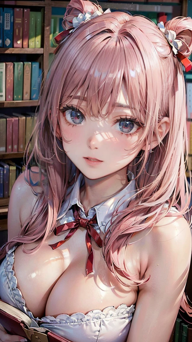((Highest quality, 8k, masterpiece :1.3)), (Sharp focus :1.2, Beautiful woman with perfect figure :1.4, Slim Abs), ((Big Breasts, Emphasize cleavage:1.2)), (Photorealistic:1.4), (realistic:1.4), (Pink Hair:1.5), Highly detailed face and skin texture, Fine grain, double eyelid. Makeup face, A little bit of lipstick, sex appeal, gravure pose, ((A high school girl in uniform、I am studying at my desk in the library。She is concentrating on her notes、There are books piled up around。The red ribbon is an accessory.。:1.3))