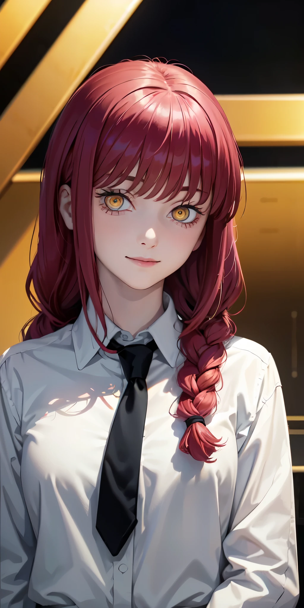 (masterpiece, top quality, best quality, official art, beautiful and aesthetic:1.2), (1girl:1.3), glitch art, (digital distortion), pixelated fragments, data corruption,colorful noise, visual chaos,contemporary aesthetics,(upper-body), looks at the viewer, looking at viewer, makima, black necktie, white shirt, black pants, red hair, yellow eyes, detailed eyes, detailed face, eyes focus, ringed eyes, smile