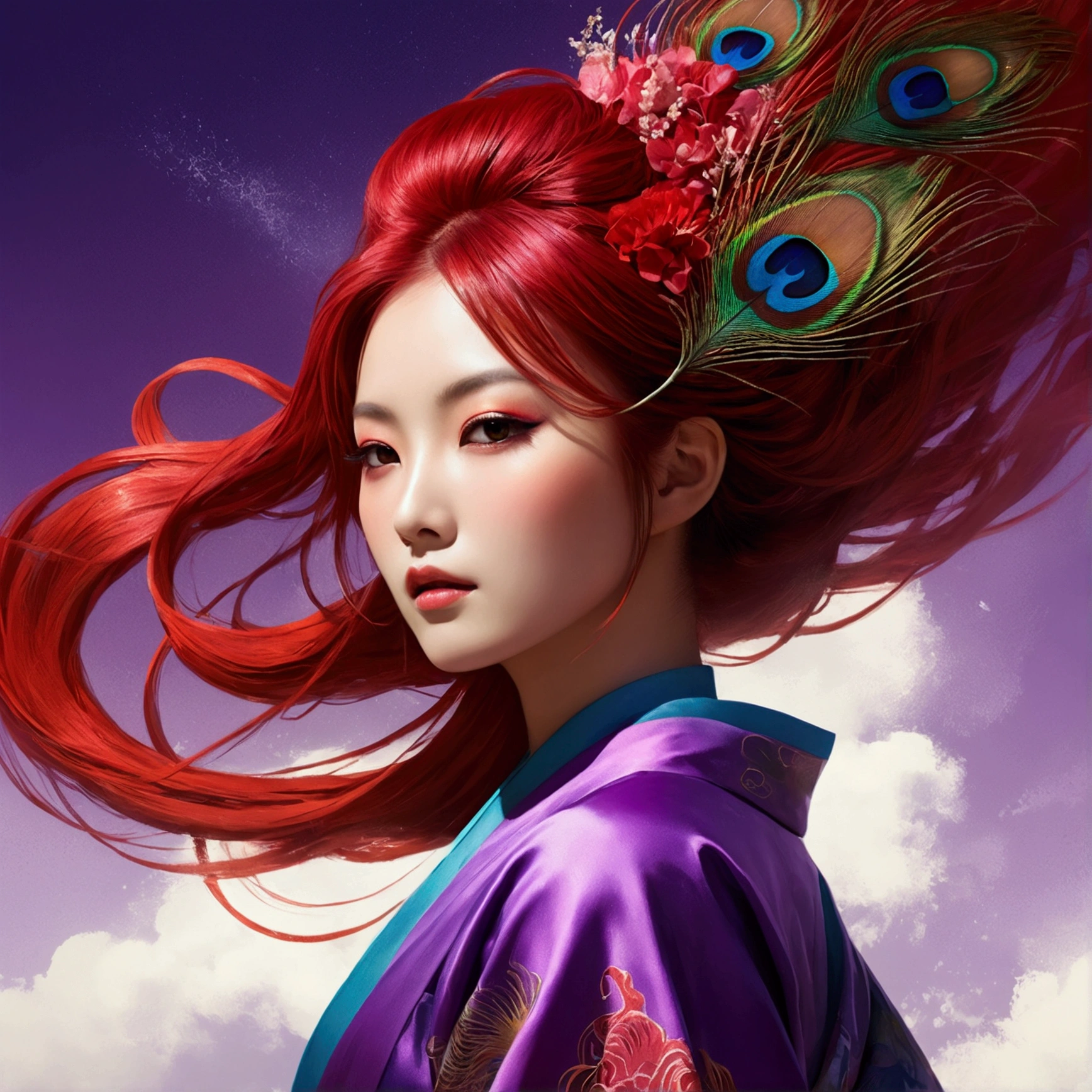 Copy Kagetsu Creative Prompt Prompt
(masterpiece, highest quality, highest quality, extreme details, best details, official art, Cosmetology and aesthetics: 1.2), colorful, Amaterasu Omikami, upper body shot, beautiful face, alone, perfect body, On the Sky cloud, sun god, flowing streamer, Light of the sun, cloud, whole body, Hanfu, red japanese style clothes, background sun, red hair, peacock feathers, particles of light, volume lighting, ray tracing (flowing streamer: 1.1), (fantasy: 1.2), illuminator, performer, fantasy, high contrast, ink stroke, exposed exposed, Impression of purple and red tones, abstract, ((水color by John Berkey and Jeremy Man)) brush stroke
