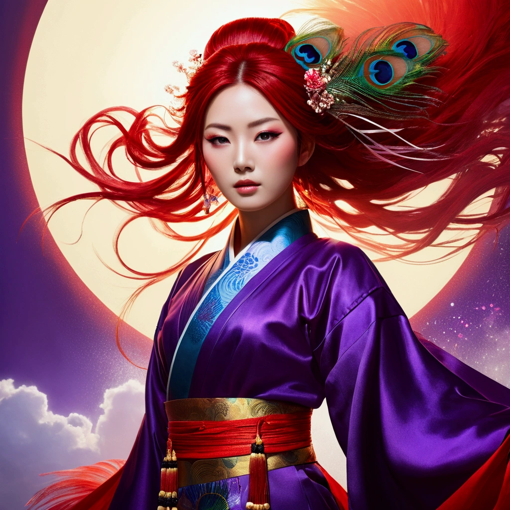 Copy Kagetsu Creative Prompt Prompt
(masterpiece, highest quality, highest quality, extreme details, best details, official art, Cosmetology and aesthetics: 1.2), colorful, Amaterasu Omikami, upper body shot, beautiful face, alone, perfect body, On the Sky cloud, sun god, flowing streamer, Light of the sun, cloud, whole body, Hanfu, red japanese style clothes, background sun, red hair, peacock feathers, particles of light, volume lighting, ray tracing (flowing streamer: 1.1), (fantasy: 1.2), illuminator, performer, fantasy, high contrast, ink stroke, exposed exposed, Impression of purple and red tones, abstract, ((水color by John Berkey and Jeremy Man)) brush stroke