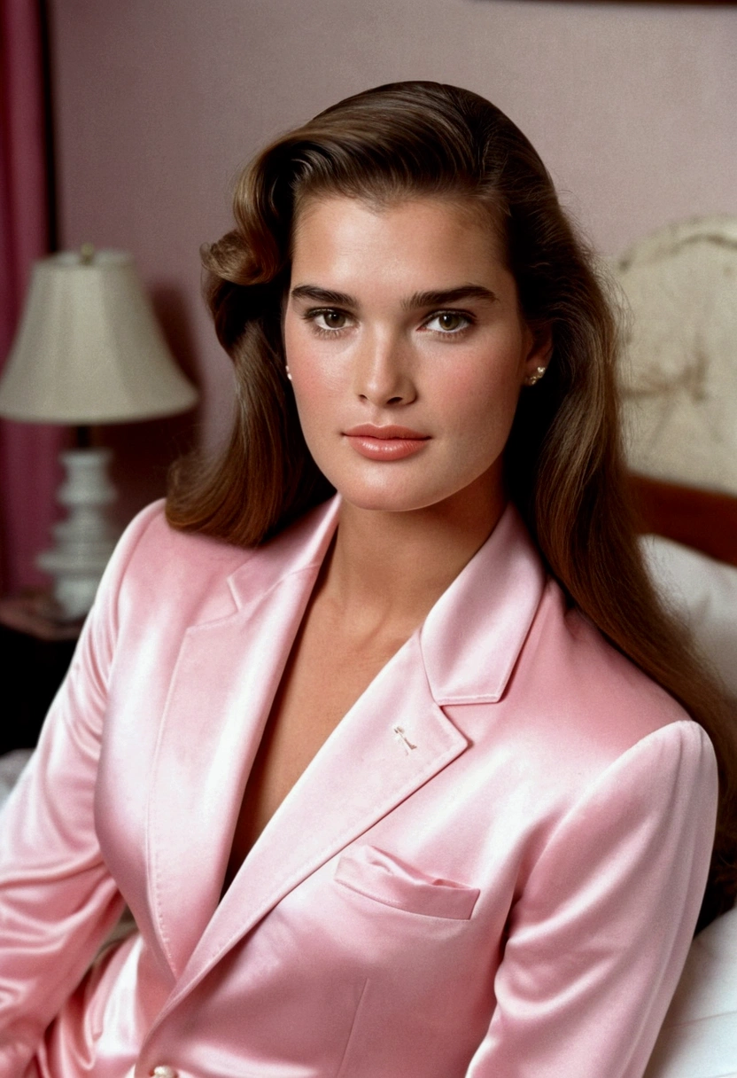 Brooke shields ((looking very beautiful)) ((((very beautiful face)))) (((wearing light pink night suit sitting on bed))