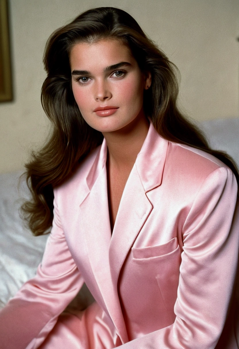 Young 16 year old Brooke shields ((looking very beautiful)) ((((very beautiful face)))) (((wearing light pink night suit sitting on bed))