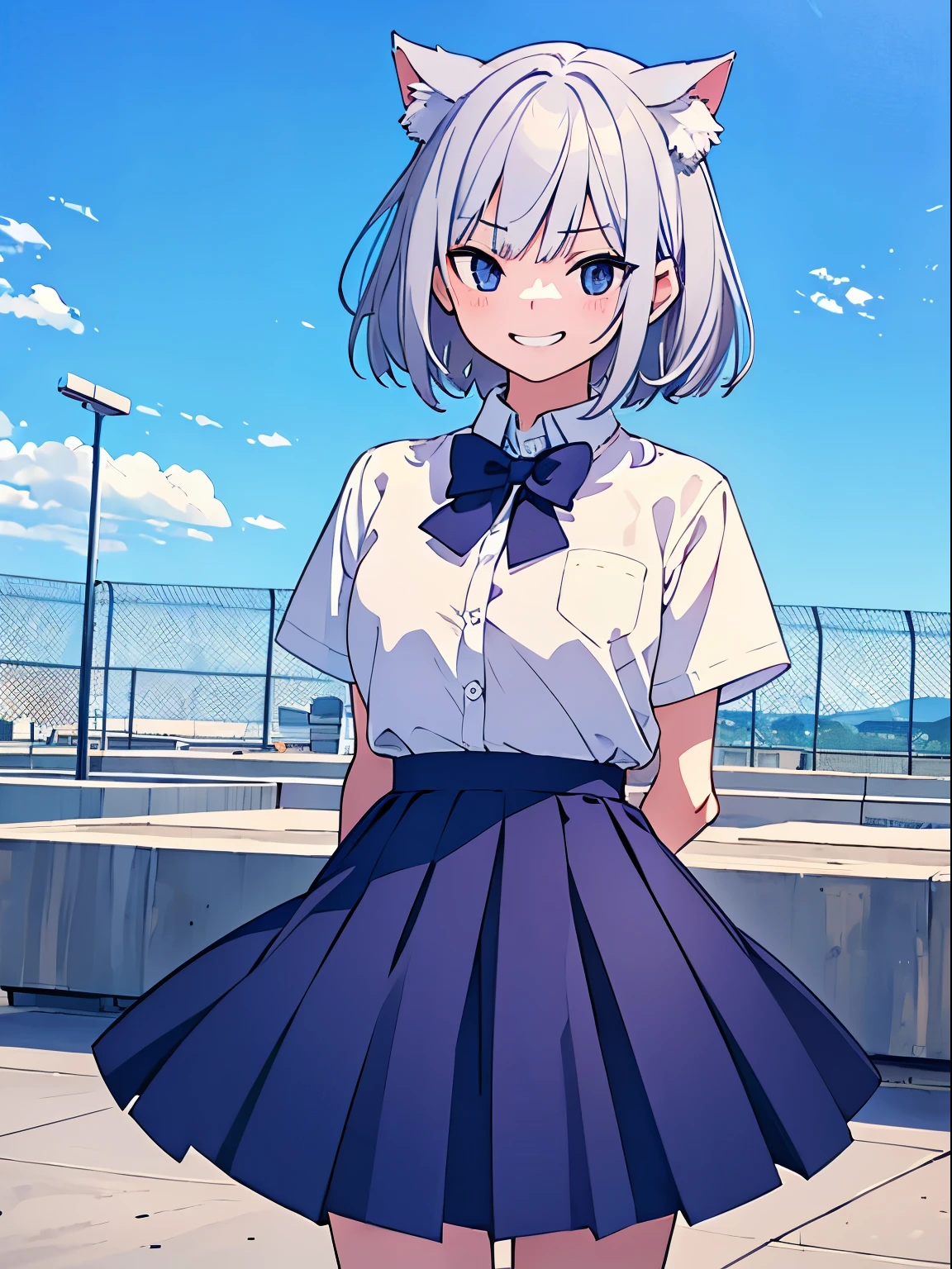 School rooftop, Chain link fence, ((One girl)), (evil grin:1.3), (Put your hands behind your back:1.3), Medium chest, (Cat ear), Gray Hair, Bobcut, White short sleeve shirt, (JK skirt), Navy blue pleated skirt, A bow tie, (Upper Body Shot), ((Highest quality)), ((masterpiece)), (detailed), Perfect Face, Perfect Arms, Perfect hands, Perfect Fingers, anime, Ultra-fine illustration,