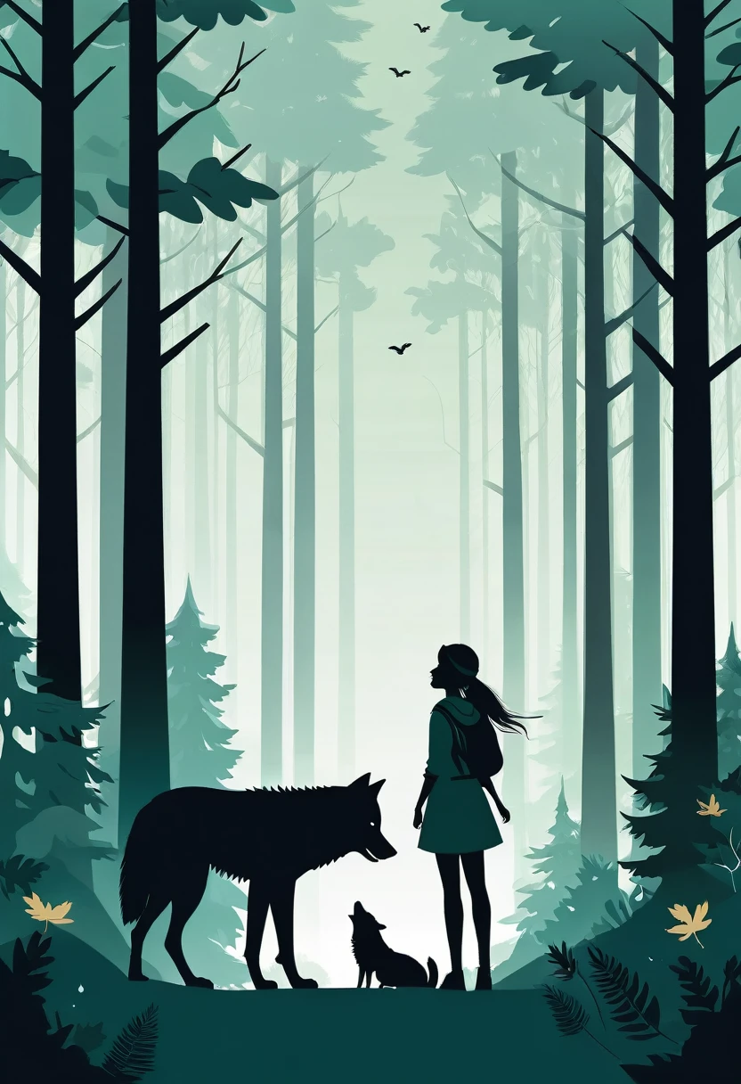 cover page, A girl and a wolf meet in the forest, flat Design,  vector illustrations,