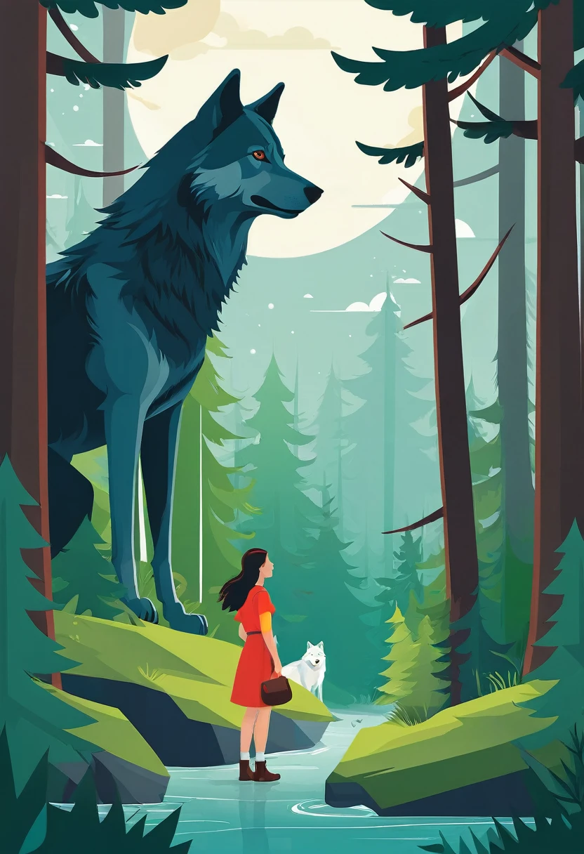 cover page, A girl and a wolf meet in the forest, flat Design,  vector illustrations,