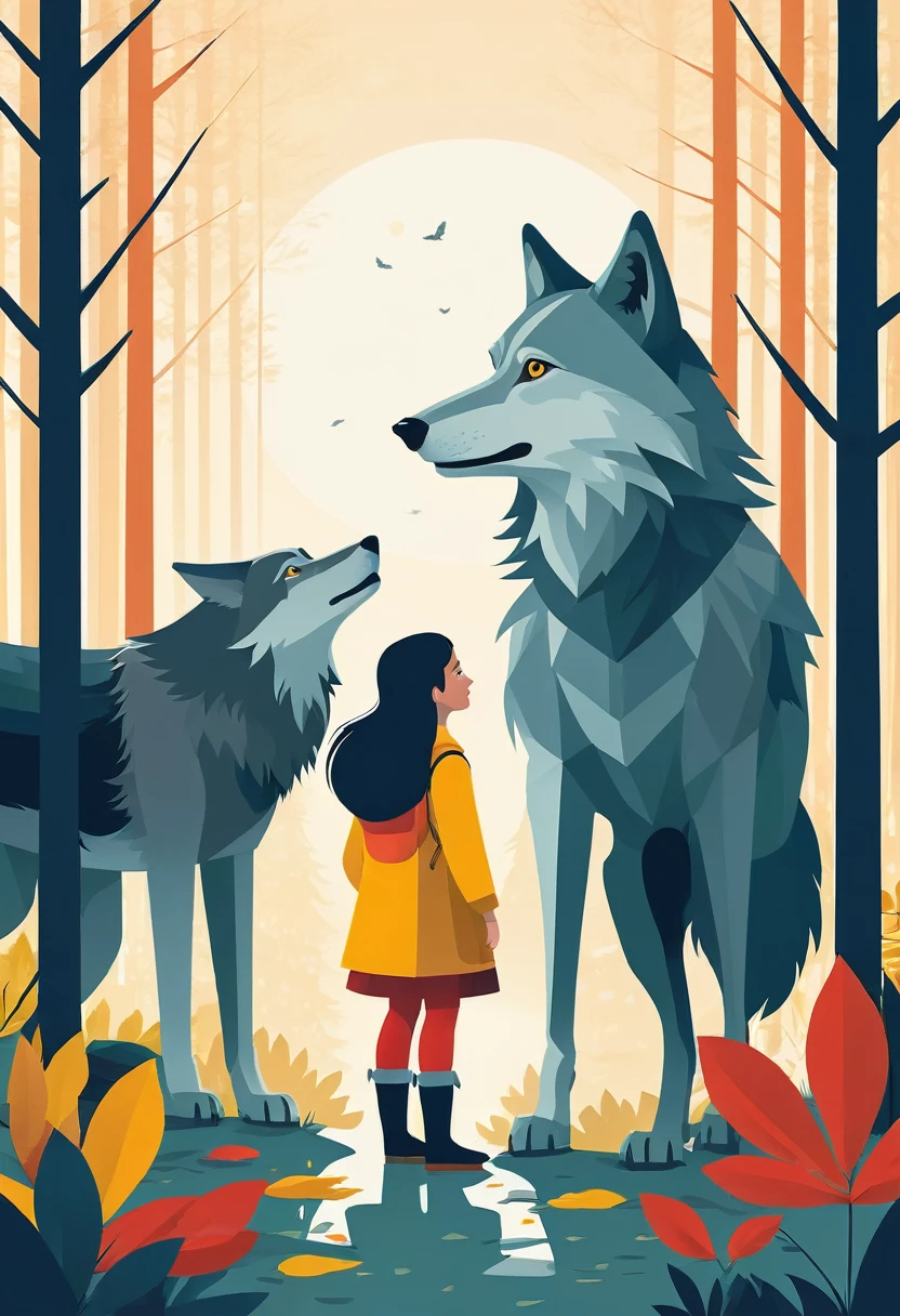 cover page, A girl and a wolf meet in the forest, flat Design, vector illustrations,