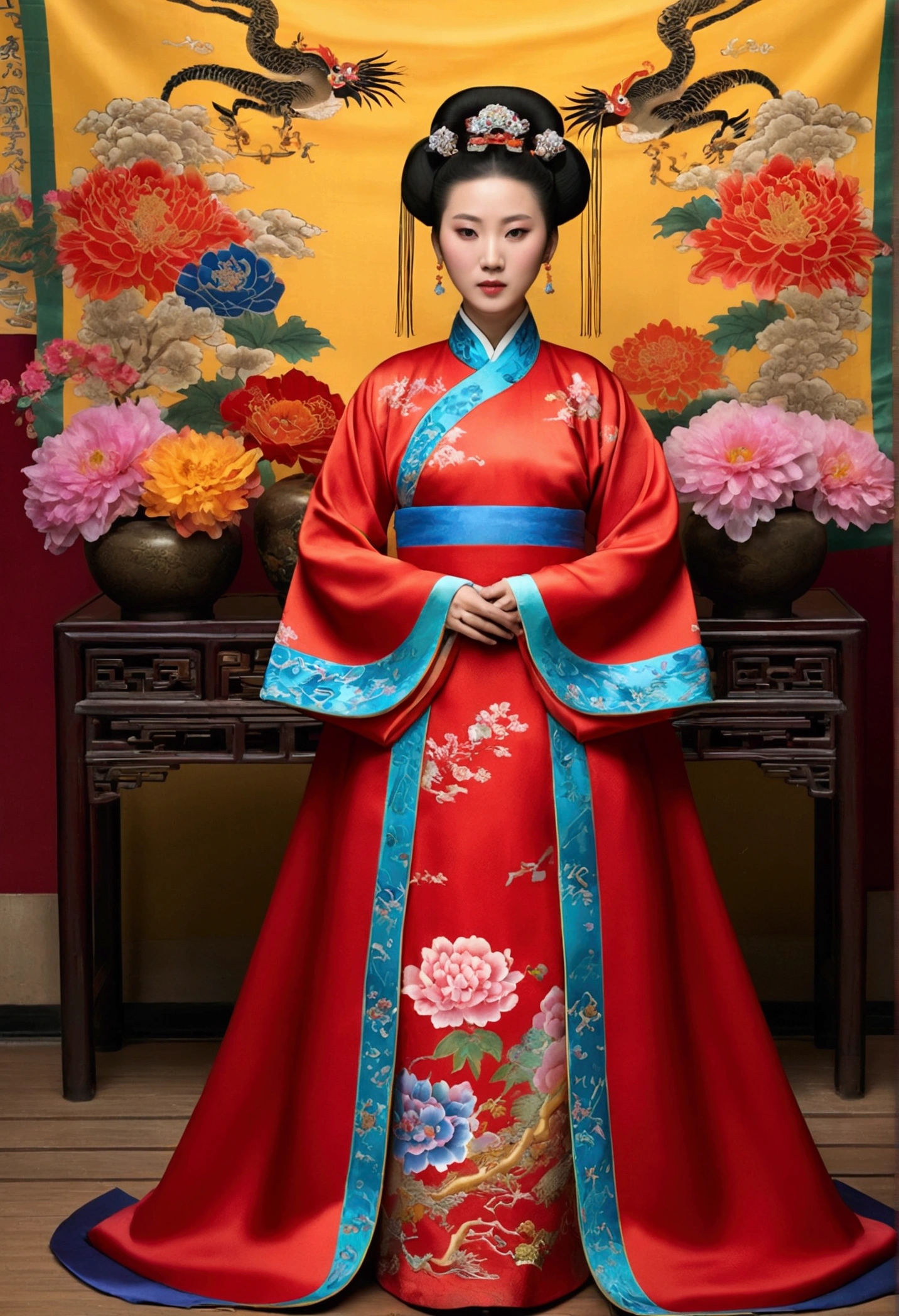 A woman seen from the front, standing facing forward, in the Chinese imperial court of the Qing dynasty, Empress of the Qing dynasty. The Chinese empress is wearing a red Manchu dress with a floral pattern and no crown, open at the front, showing her chest, stomach, thighs and feet. She is completely naked, showing her large breasts without underwear, and even her bare stomach. Her hair is tied up and pulled up, decorated with flashy large flowers and a hairpin, and the background is outside the Chinese imperial court of the Qing dynasty.