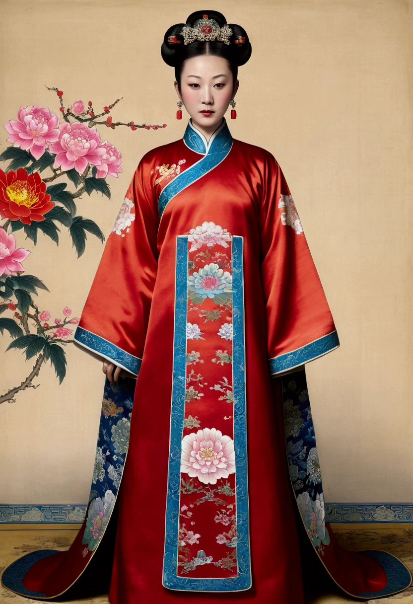 A woman seen from the front, standing facing forward, in the Chinese imperial court of the Qing dynasty, Empress of the Qing dynasty. The Chinese empress is wearing a red Manchu dress with a floral pattern and no crown, open at the front, showing her chest, stomach, thighs and feet. She is completely naked, showing her large breasts without underwear, and even her bare stomach. Her hair is tied up and pulled up, decorated with flashy large flowers and a hairpin, and the background is outside the Chinese imperial court of the Qing dynasty.