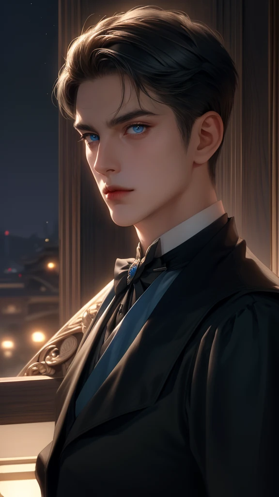 (masterpiece,best quality,Extremists_detailed,high resolution,absurd) (detailed shadow) (High-quality lighting),1 (Mature) male, No. 30, ((Broad shoulders)) (muscle focus, Solitary, 带有柔软刘海的黑色short hair (Bangs parted from the side 3:7. Ratio), blue eyes (detailed eyes), Upper Body, short hair, Looking at the audience, Open your mouth, Round glasses, fantasy, noble服装和银色西装), noble, Victorian Background (detailed background), at night.