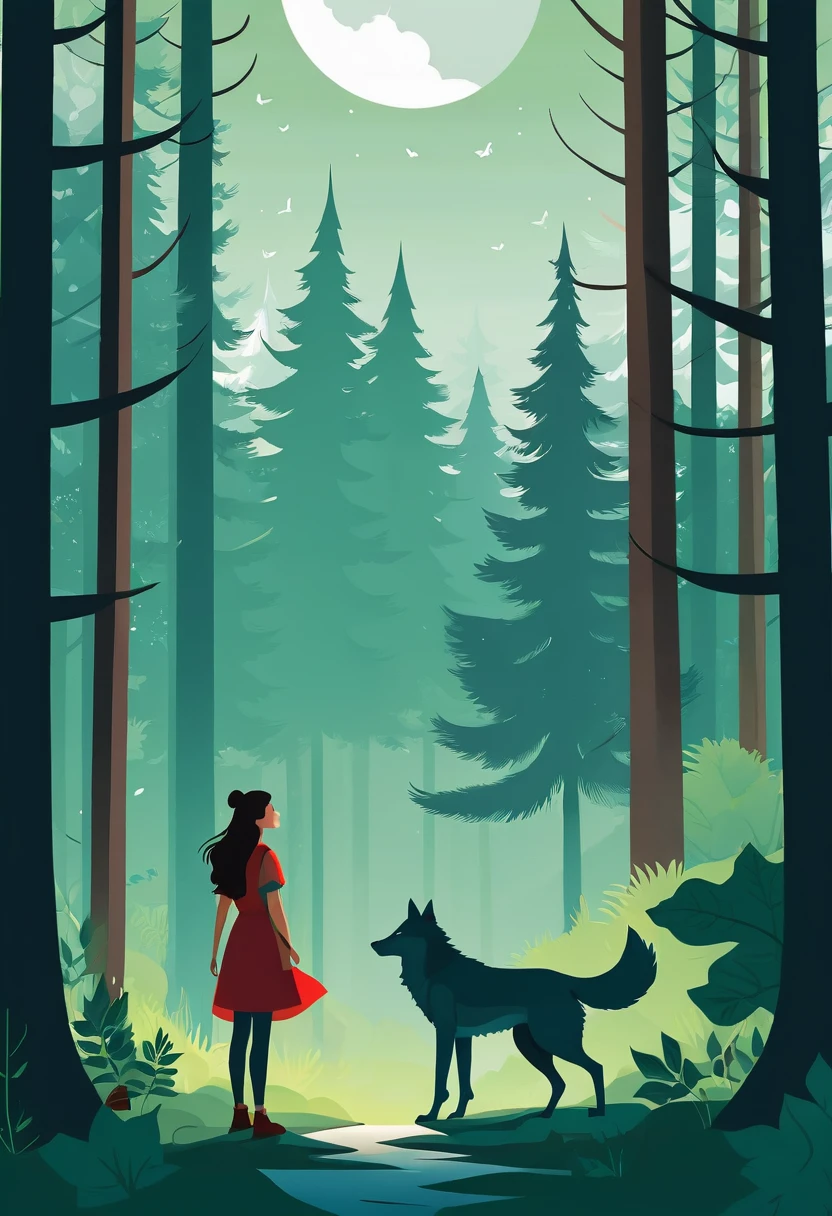 cover page, A girl and a wolf meet in the forest, flat Design,  vector illustrations,