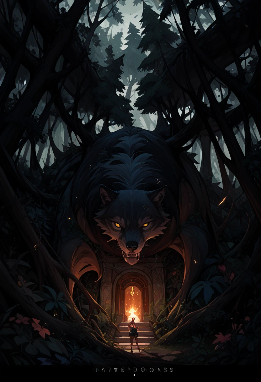 cover page, A girl and a wolf meet in the forest, flat Design, vector illustrations,