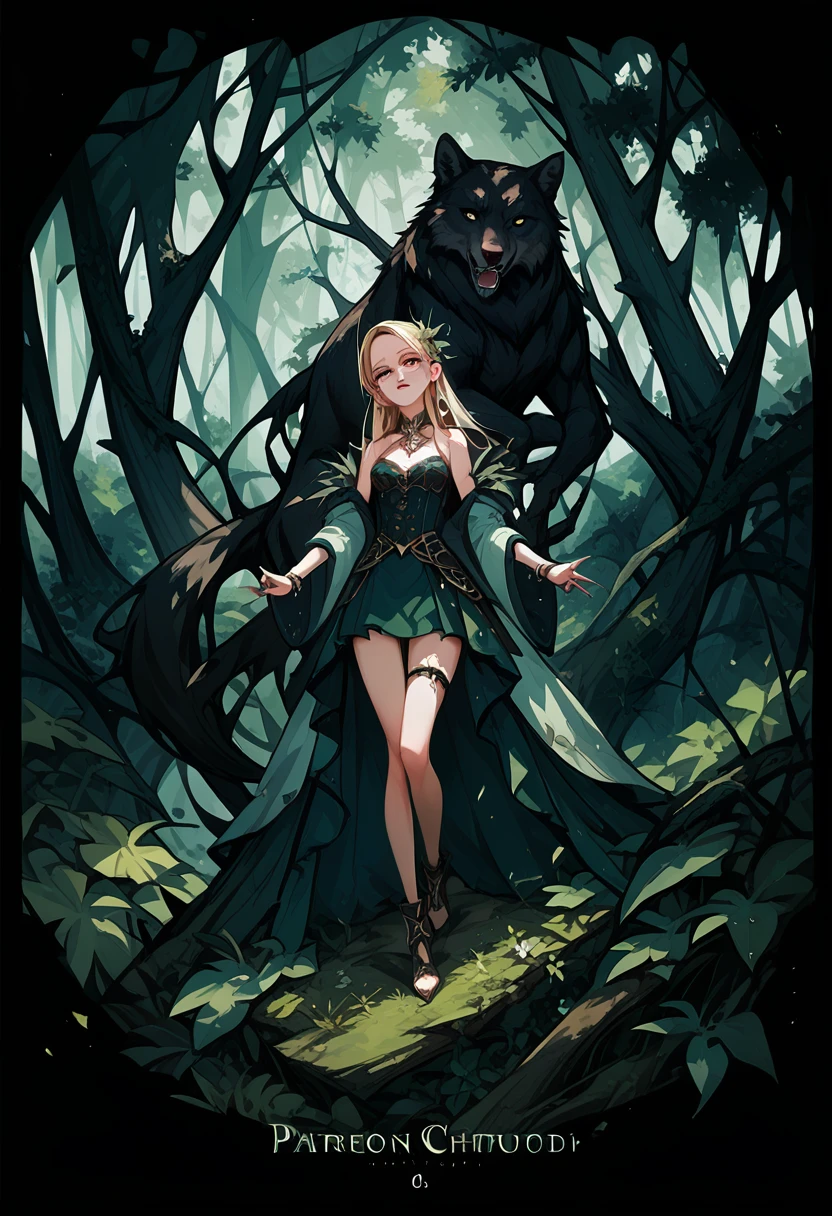 cover page, A girl and a wolf meet in the forest, flat Design, vector illustrations,
