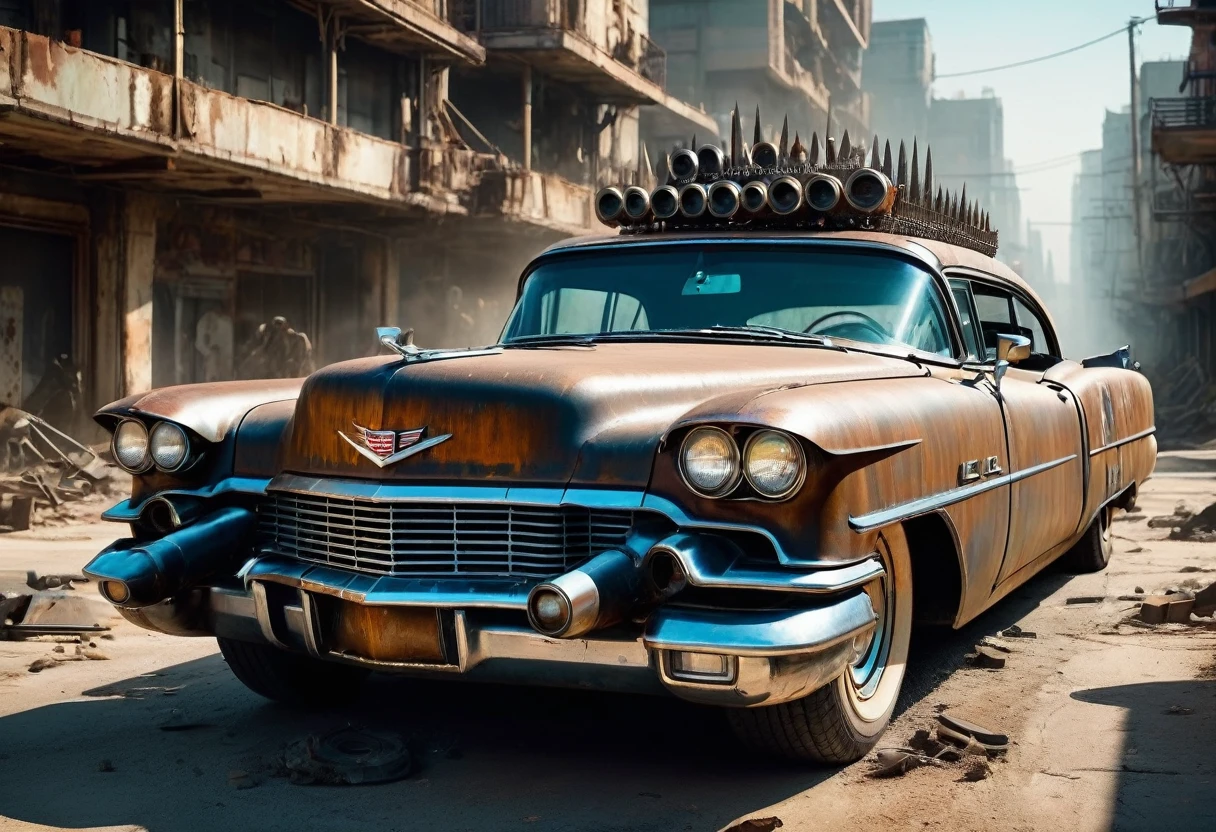 Create a diagonal and accurate image of an 18 year old girl with sunglasses driving inside an old rusty 1955 Cadillac Eldorado with METAL spikes on the hood, War vehicle, WITH MANY SKEWERS AROUND the bodywork. WIDE, THICK WHEELS, front with a spiked metal anti-zombie grille with several rusty spikes; military style with modifications and metal protection, war tank style, the car races on a street suspended over a destroyed white concrete overpass in the center of a post-apocalyptic city with many rounded and dilapidated ultra futuristic buildings around, steampunk car, dramatic art, dieselpunk art style, apocalyptic road warrior vibe, surreal digital art, mad max inspired, heavy metallic artwork, chrome face symmetry, arte steampunk digital, It&#39;s not the Mad Max style, metallic art, is not Filip Hodas; artwork style, steampunk digital art, dieselpunk, in a hightech world, photo on the diagonal