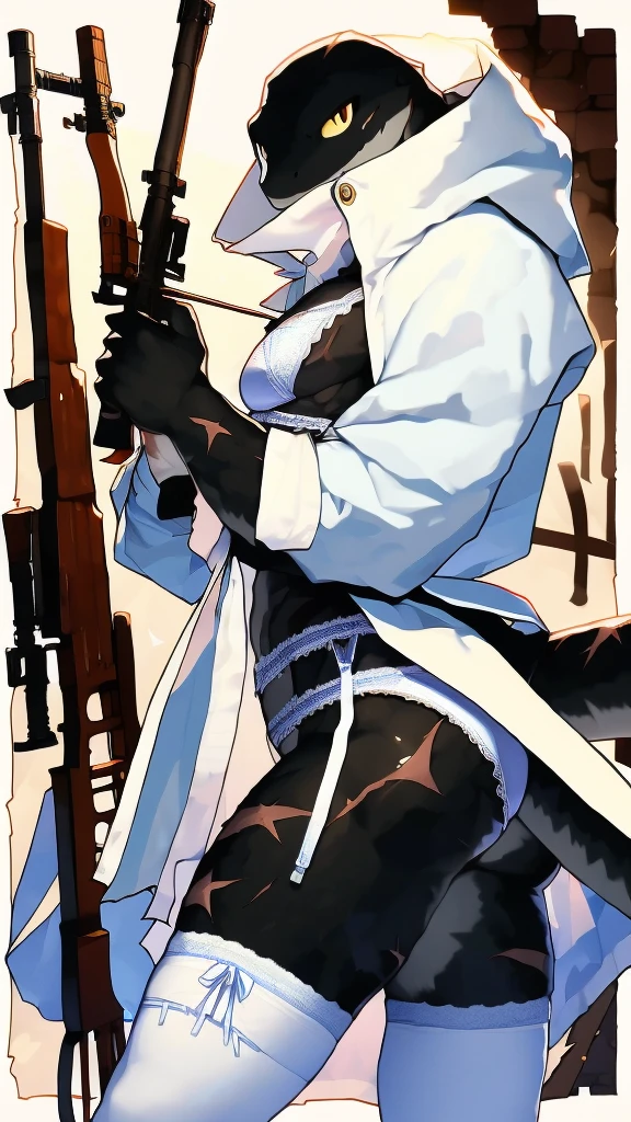 One person、Slender lizard man、masterpiece、Highest quality、Black body、There are scars on the body、Sharp Eye、Light blue lace underwear、Lace fabric bra、Knee-high socks、garter belt、Long, thin tail、Hooded camouflage coat、rifle、In the ruins、Accentuate your butt、Side view