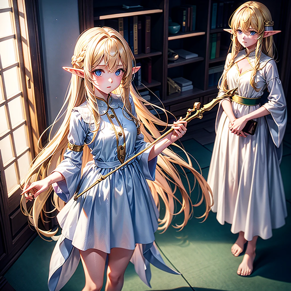 elf Girl holding a staff and standing as support Camera angle looking high. Wear pajamas Blond hair, expressionless face Long hairstyle that reaches the floor white dress clear thighs